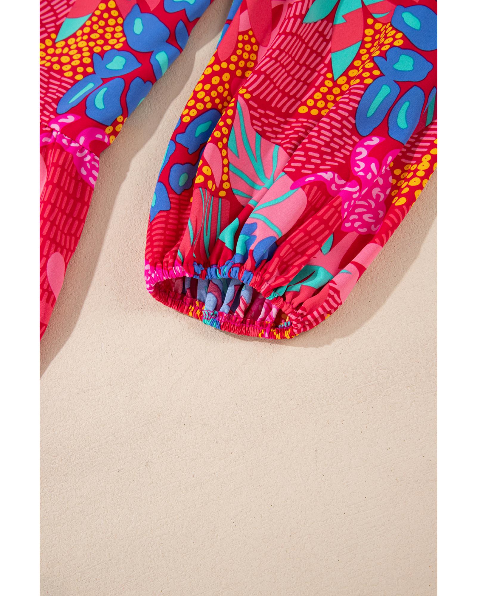 Rose Tropical Printed Lantern Sleeve V Neck Ruffled Plus Size Mini Dress - 4X 3