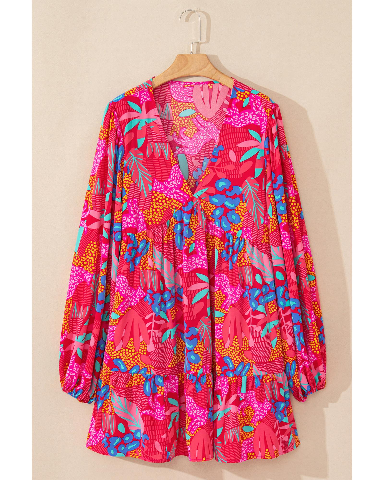 Rose Tropical Printed Lantern Sleeve V Neck Ruffled Plus Size Mini Dress - 4X 4