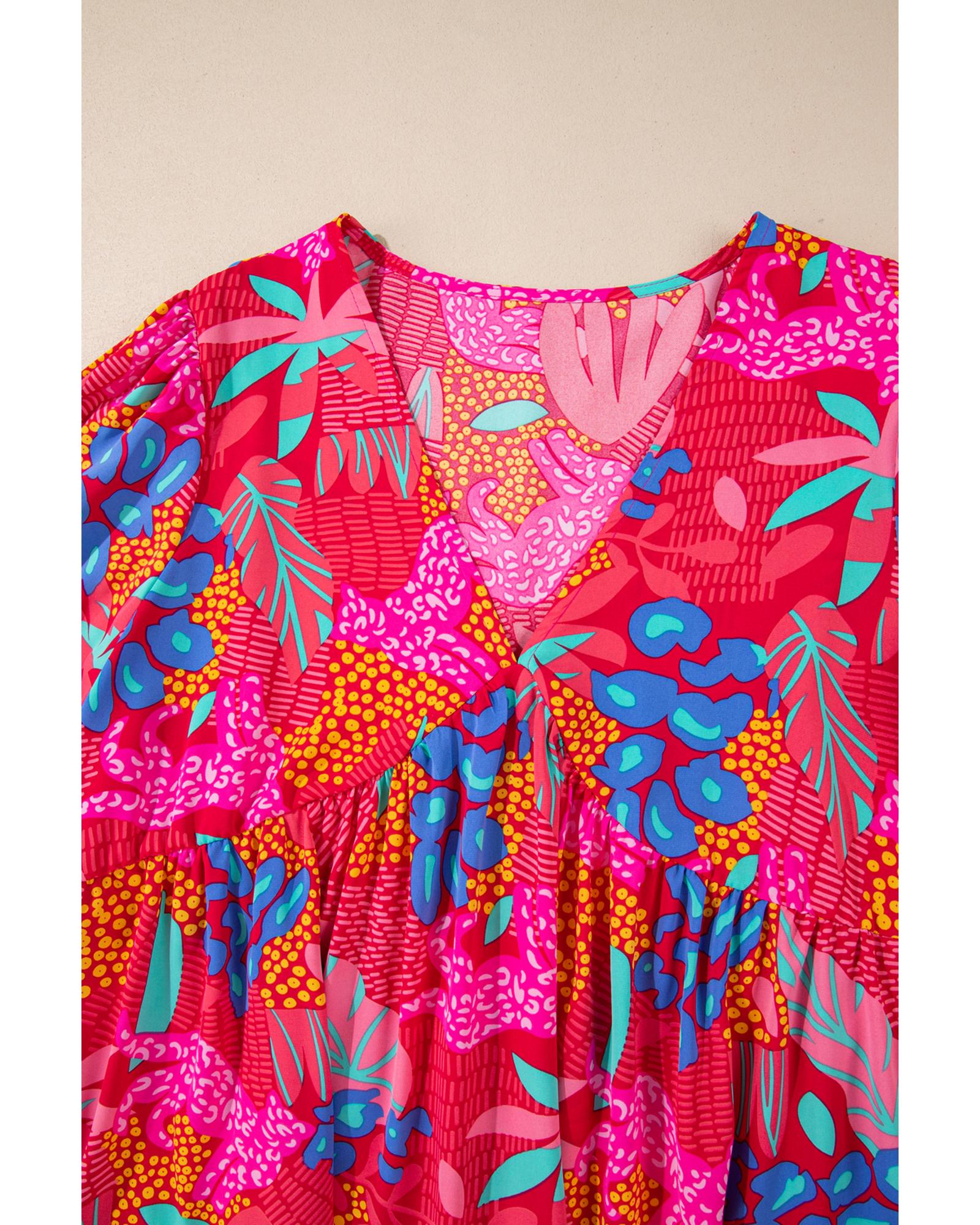 Rose Tropical Printed Lantern Sleeve V Neck Ruffled Plus Size Mini Dress - 4X 5