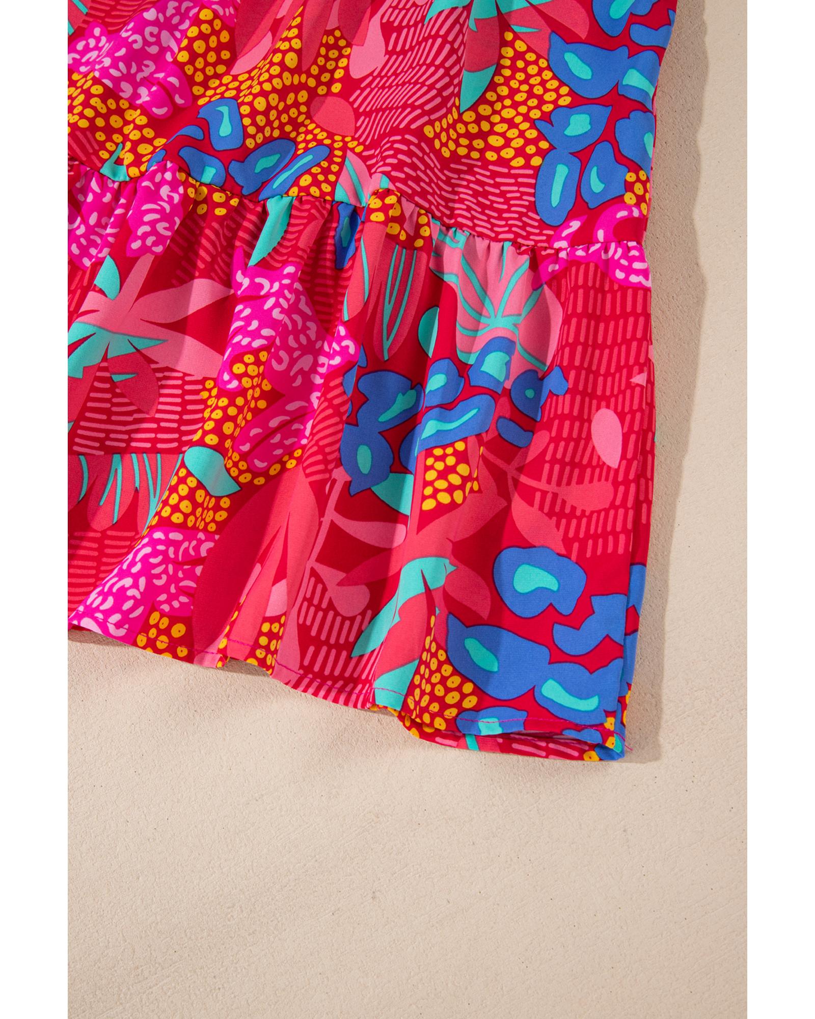 Rose Tropical Printed Lantern Sleeve V Neck Ruffled Plus Size Mini Dress - 4X 6