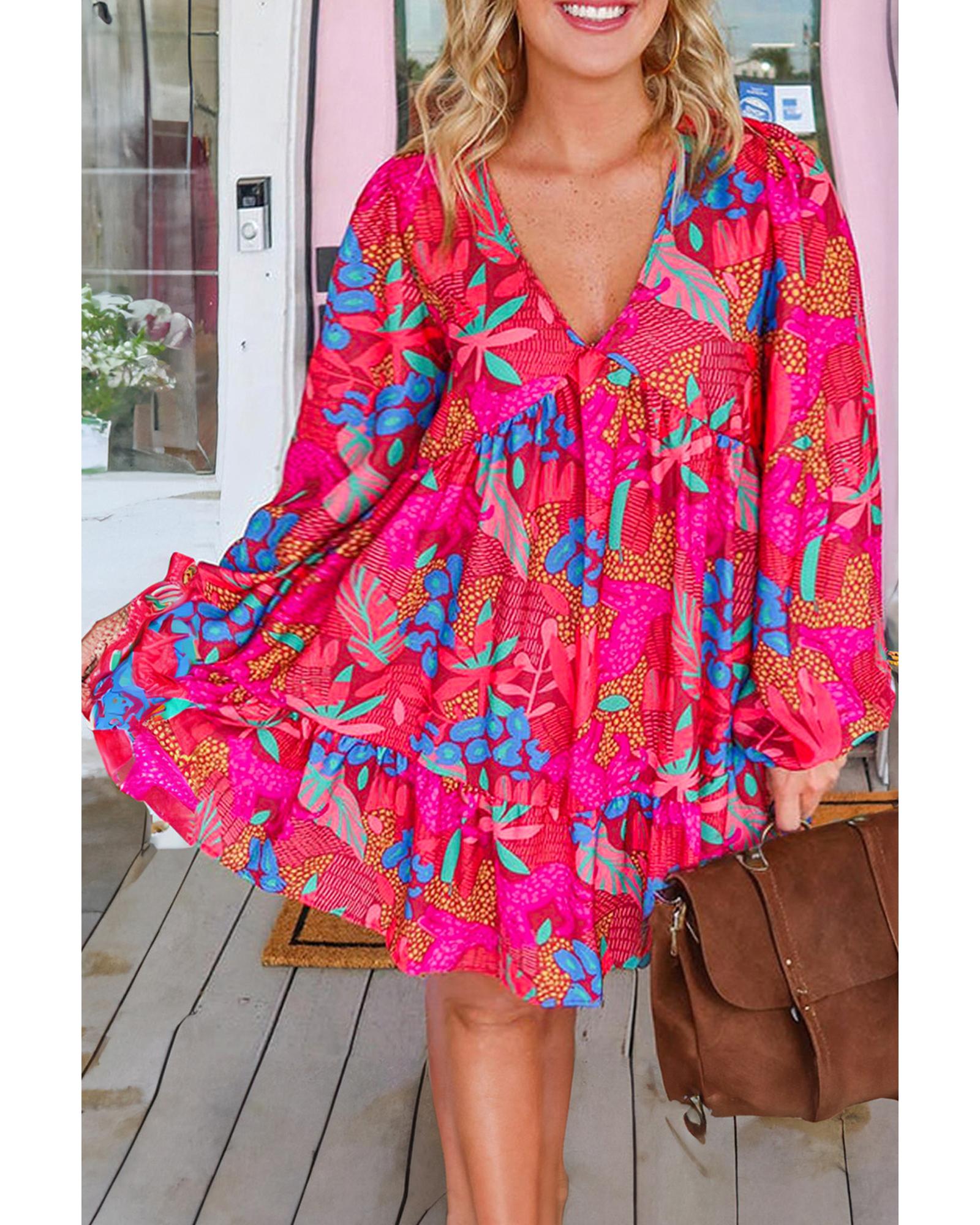 Rose Tropical Printed Lantern Sleeve V Neck Ruffled Plus Size Mini Dress - 4X 7