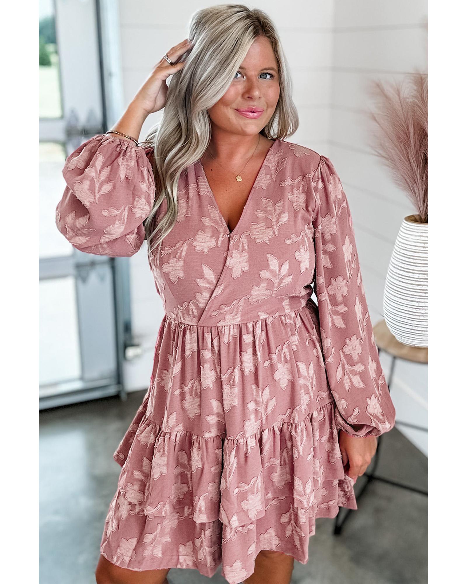 Peach Blossom Floral Surplice V Neck Tiered Ruffled Plus Size Dress - 1X 5