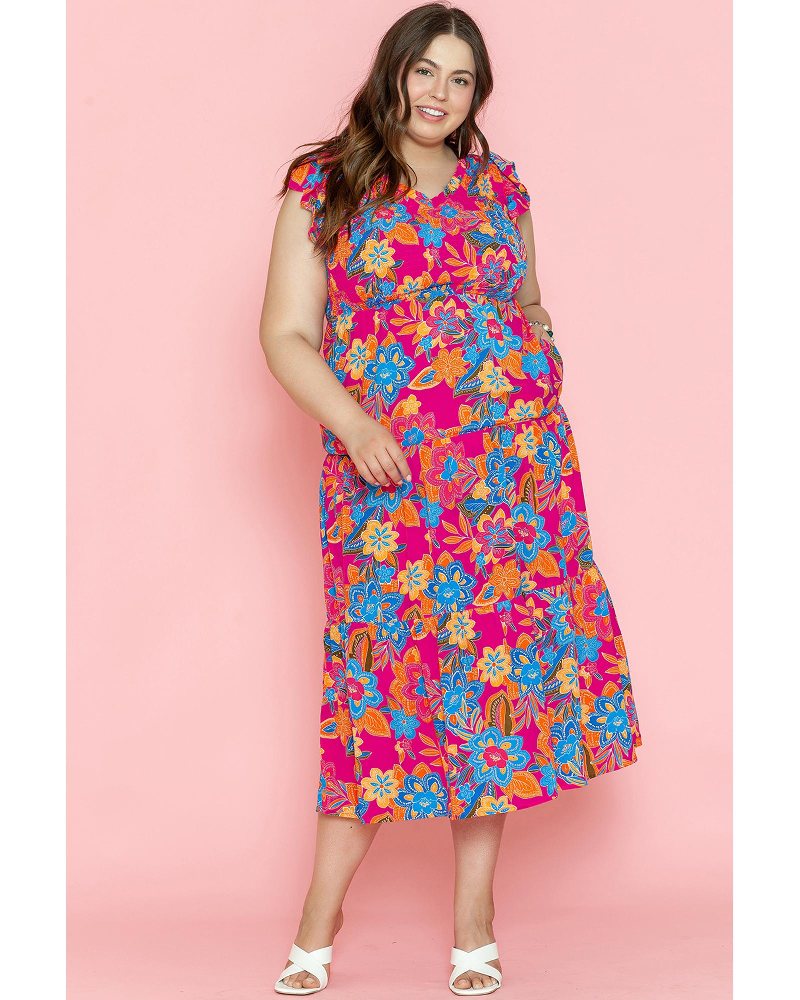 Red Floral Print Ruffled Sleeveless Plus Size Long Dress - 1X 8