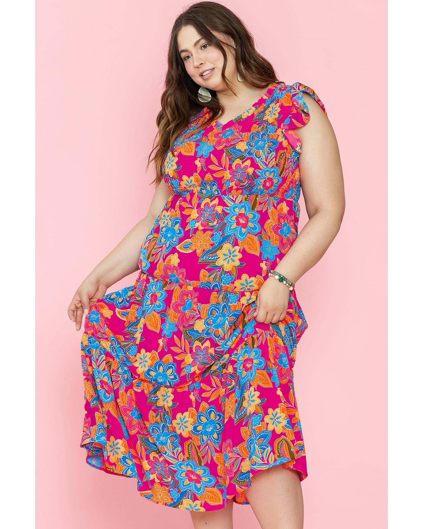 Red Floral Print Ruffled Sleeveless Plus Size Long Dress - 2X