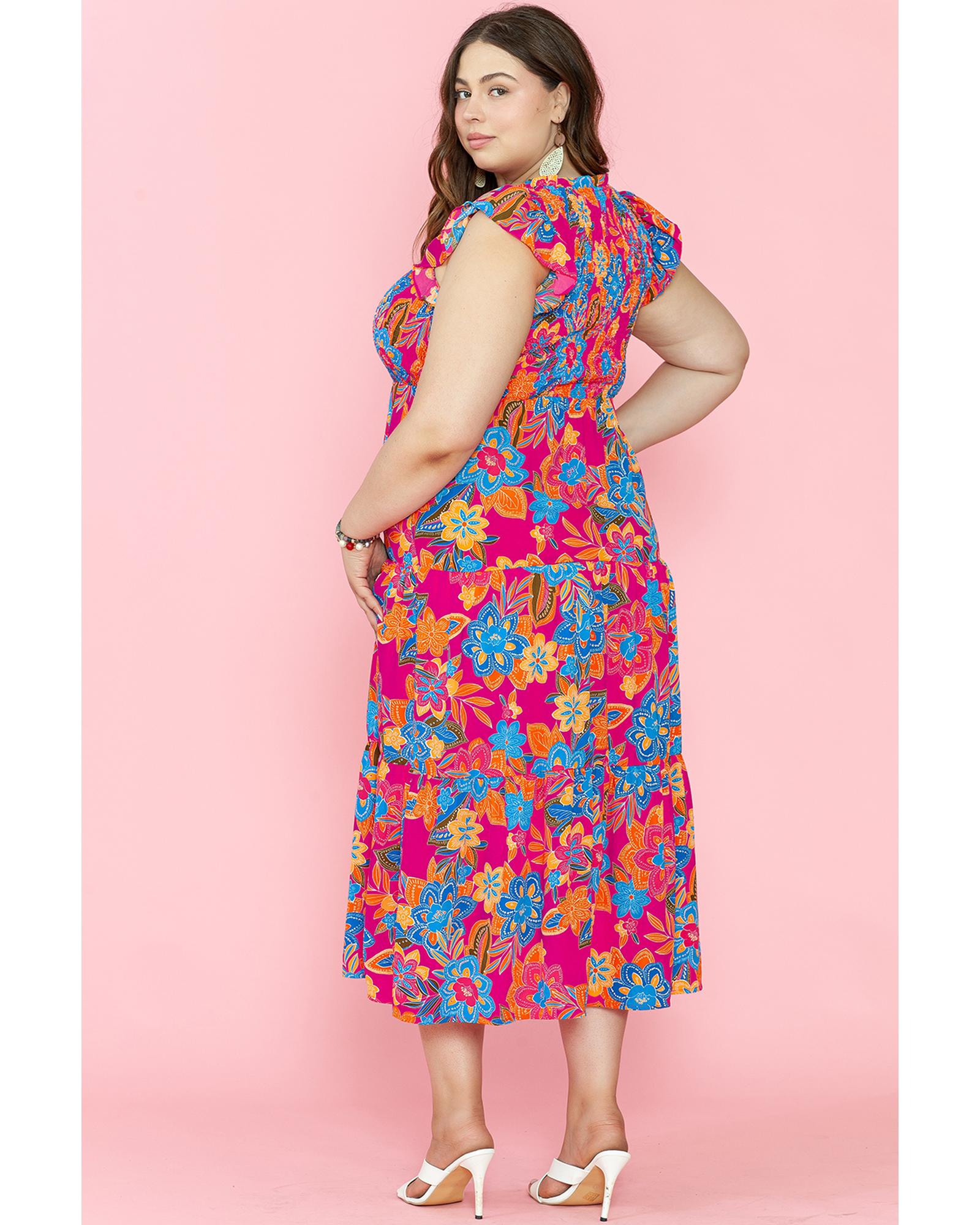 Red Floral Print Ruffled Sleeveless Plus Size Long Dress - 2X 3