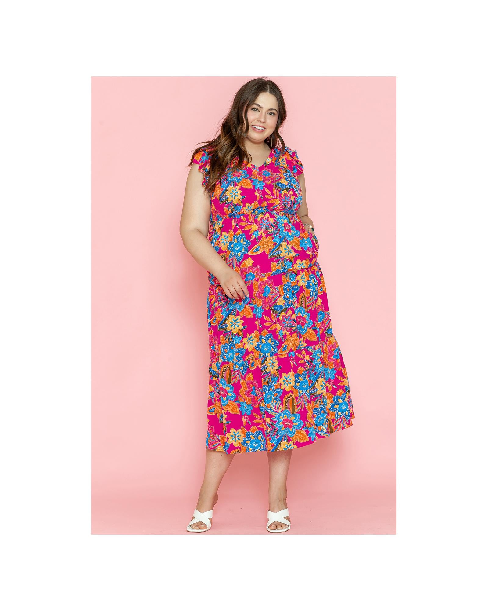 Red Floral Print Ruffled Sleeveless Plus Size Long Dress - 2X 8