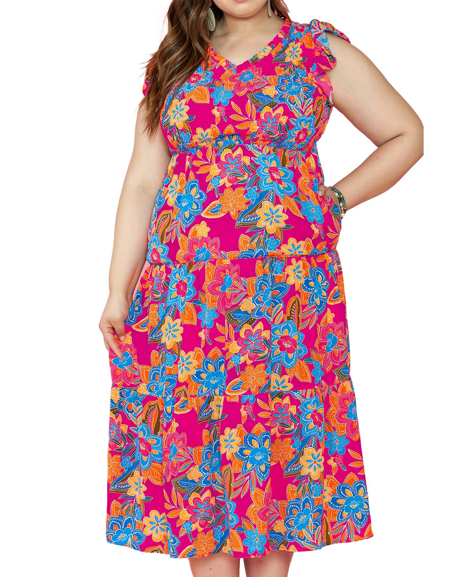 Red Floral Print Ruffled Sleeveless Plus Size Long Dress - 3X 4