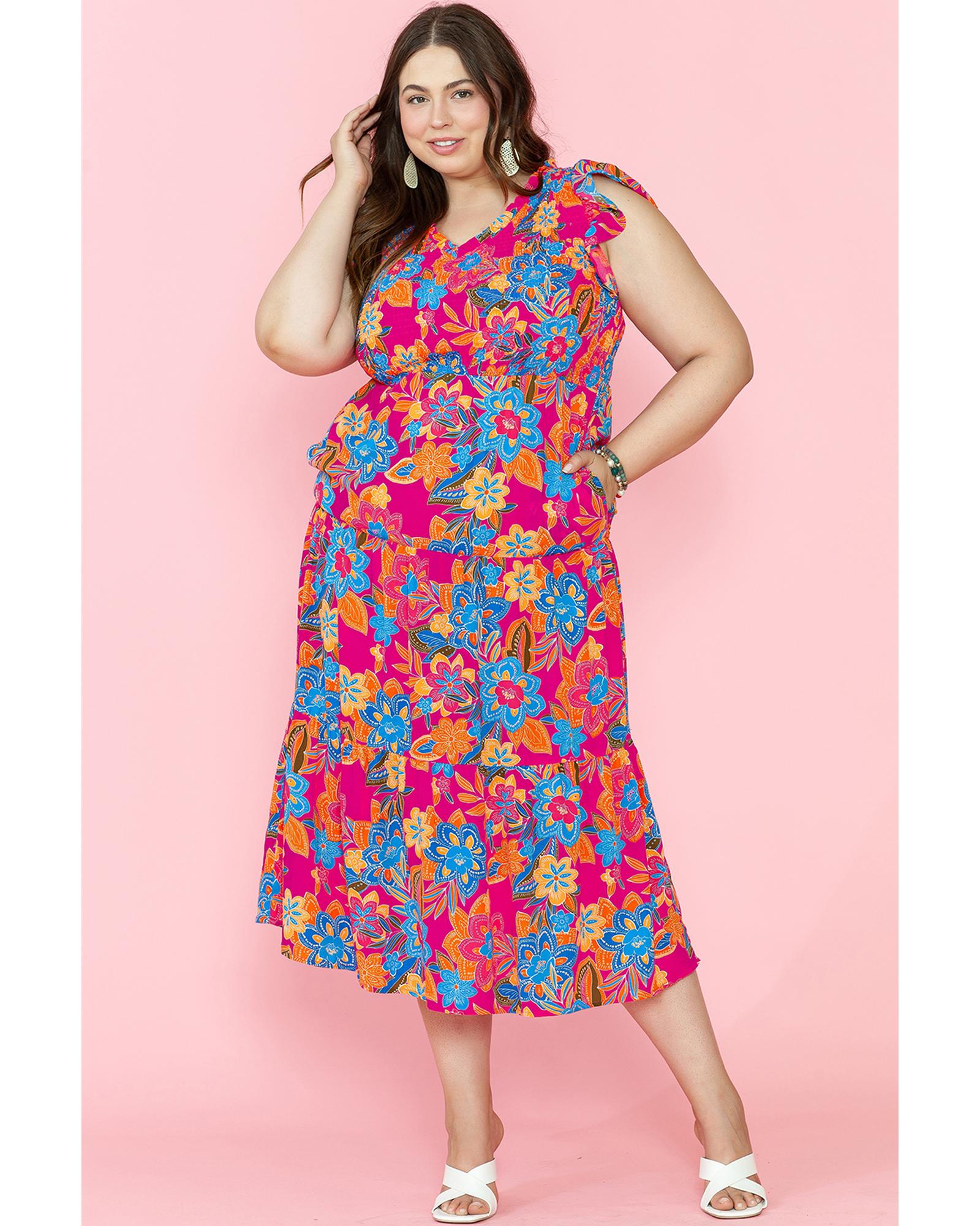 Red Floral Print Ruffled Sleeveless Plus Size Long Dress - 3X 6