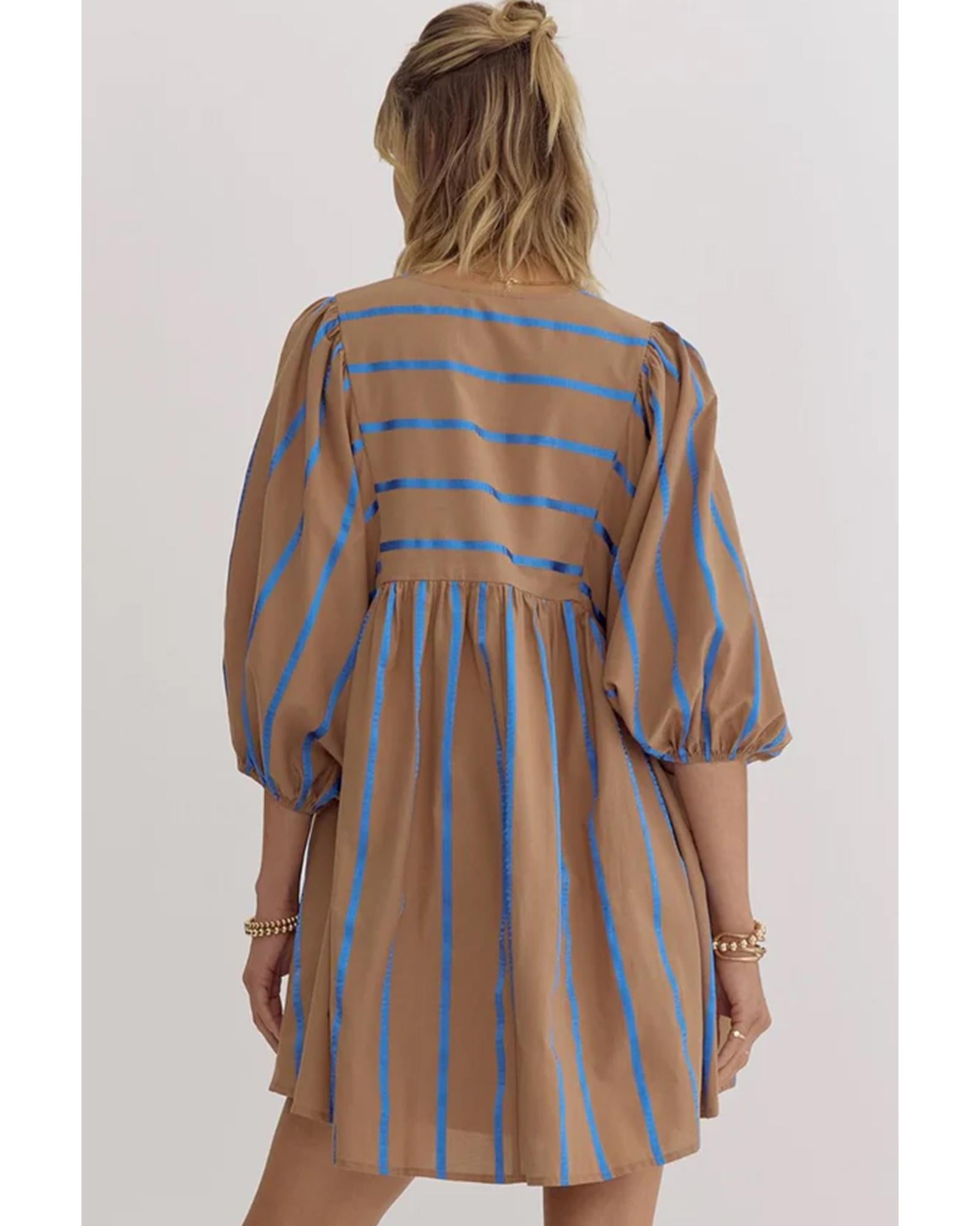 Khaki Stripe Contrast Striped Print 3/4 Sleeve Babydoll Plus Size Dress - 2X 7