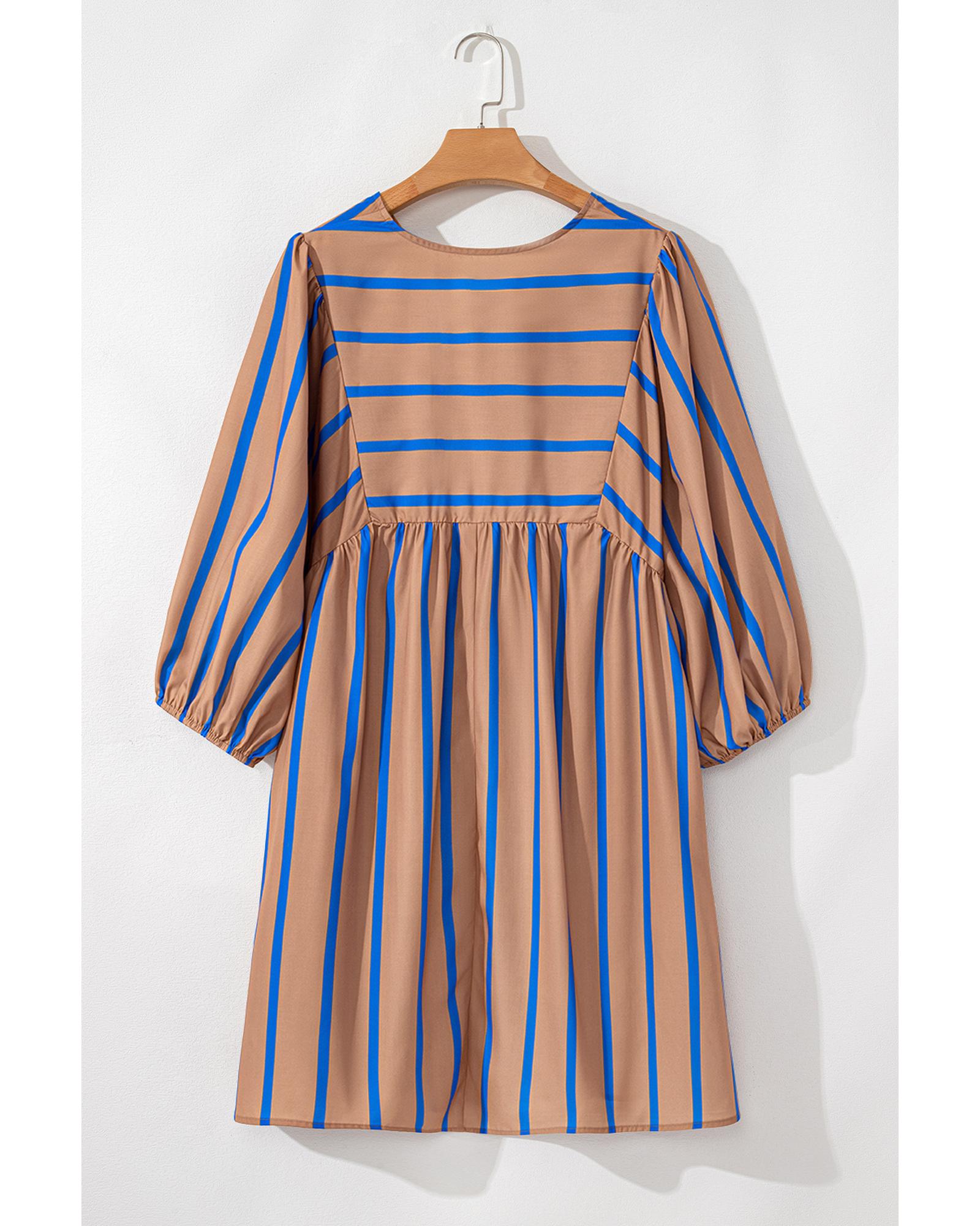 Khaki Stripe Contrast Striped Print 3/4 Sleeve Babydoll Plus Size Dress - 2X 8