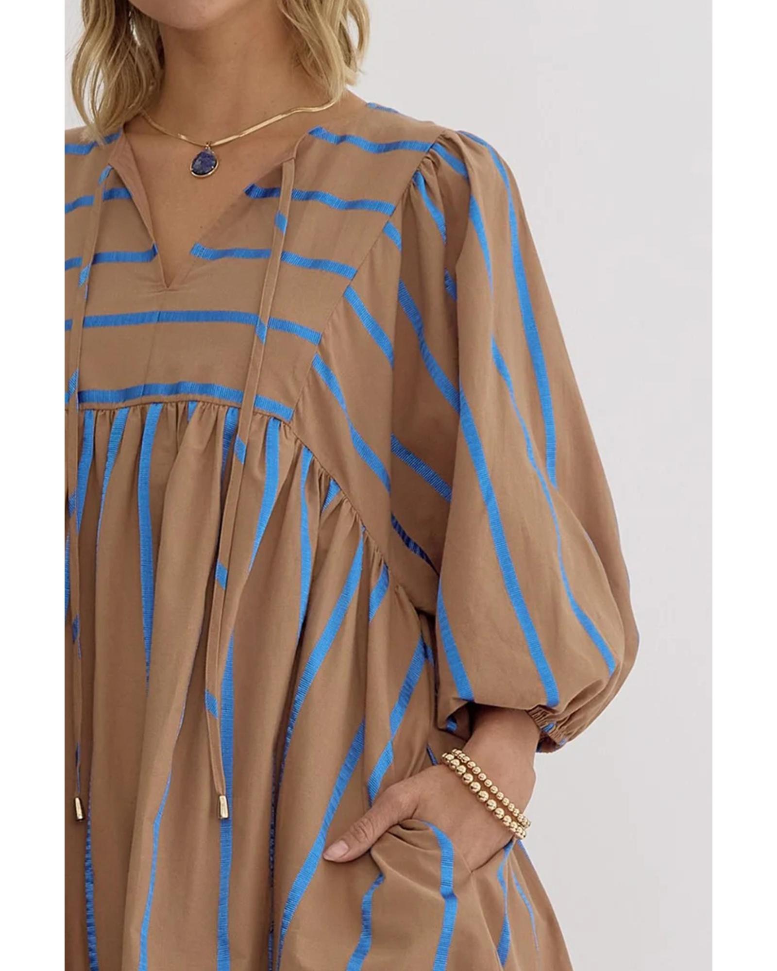 Khaki Stripe Contrast Striped Print 3/4 Sleeve Babydoll Plus Size Dress - 3X