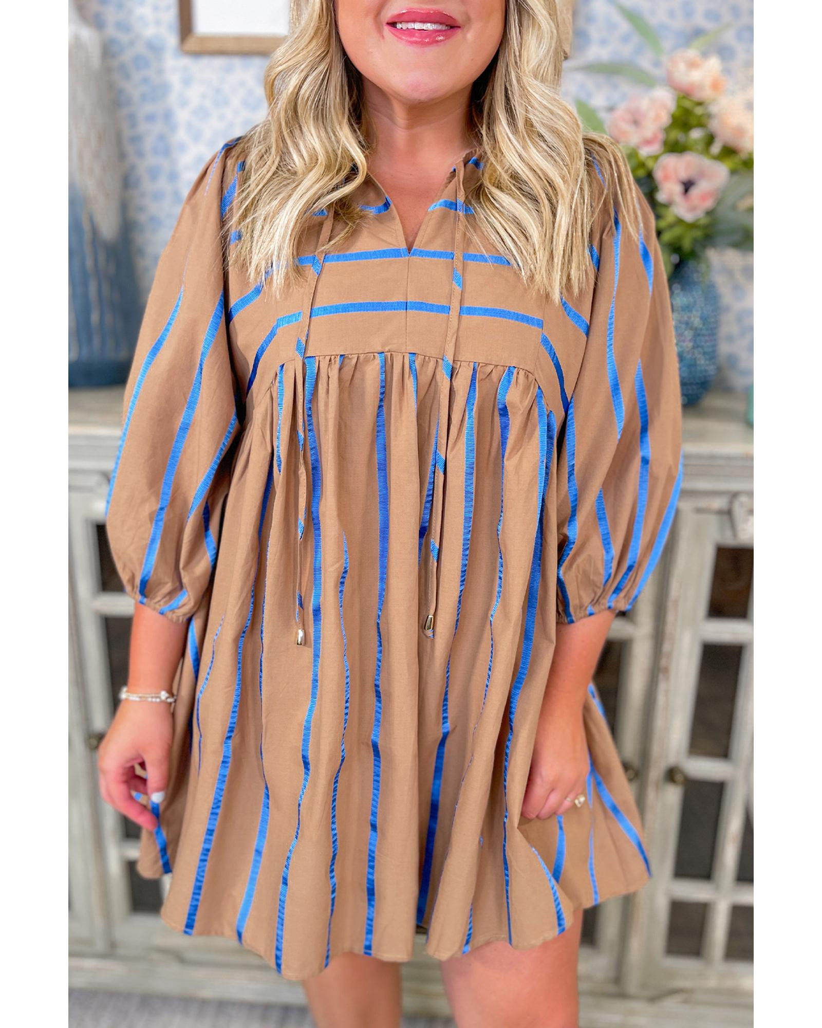 Khaki Stripe Contrast Striped Print 3/4 Sleeve Babydoll Plus Size Dress - 4X 6