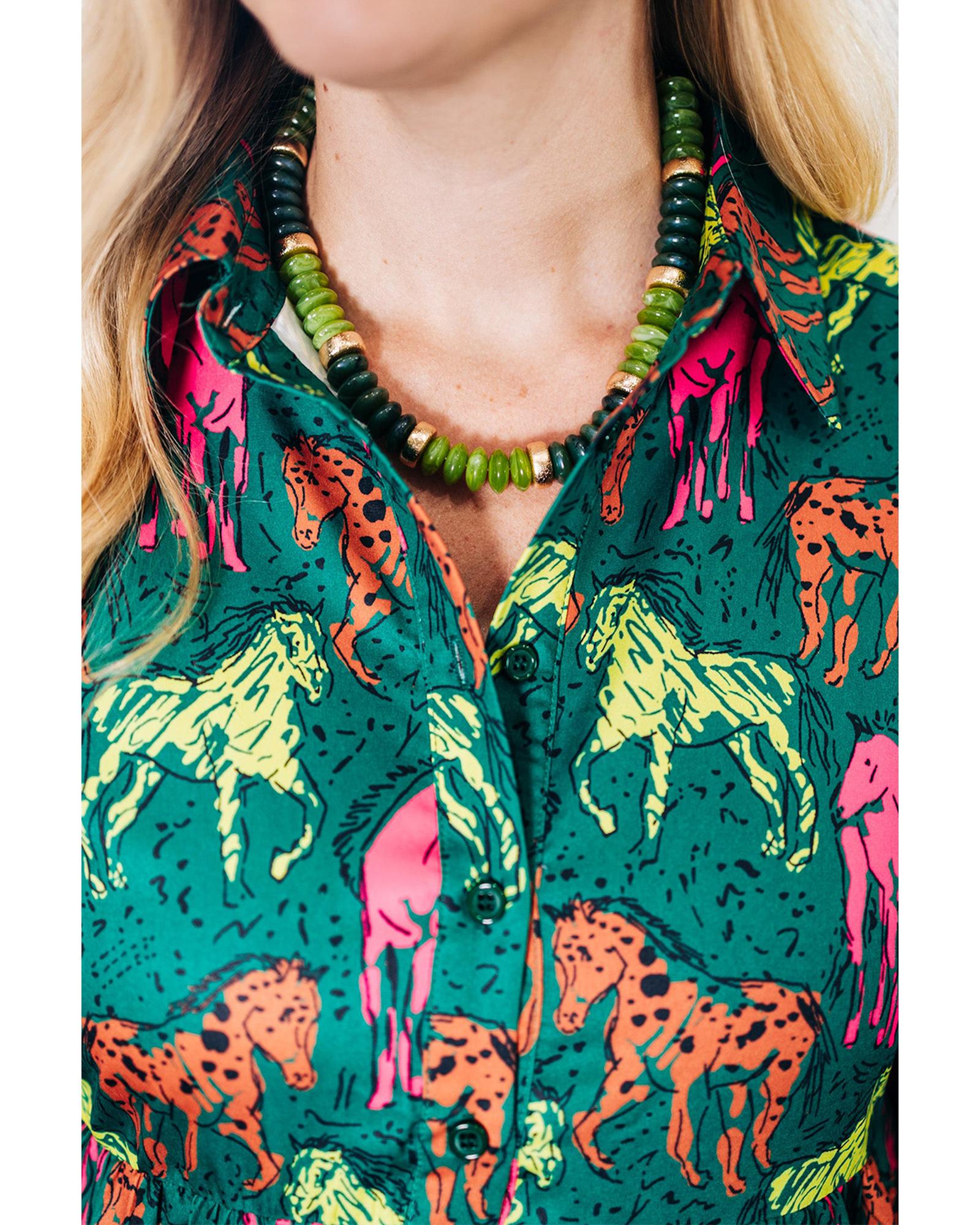 Green Horse Printed Long Sleeve Collared Buttoned Plus Size Midi Dress - 1X 4