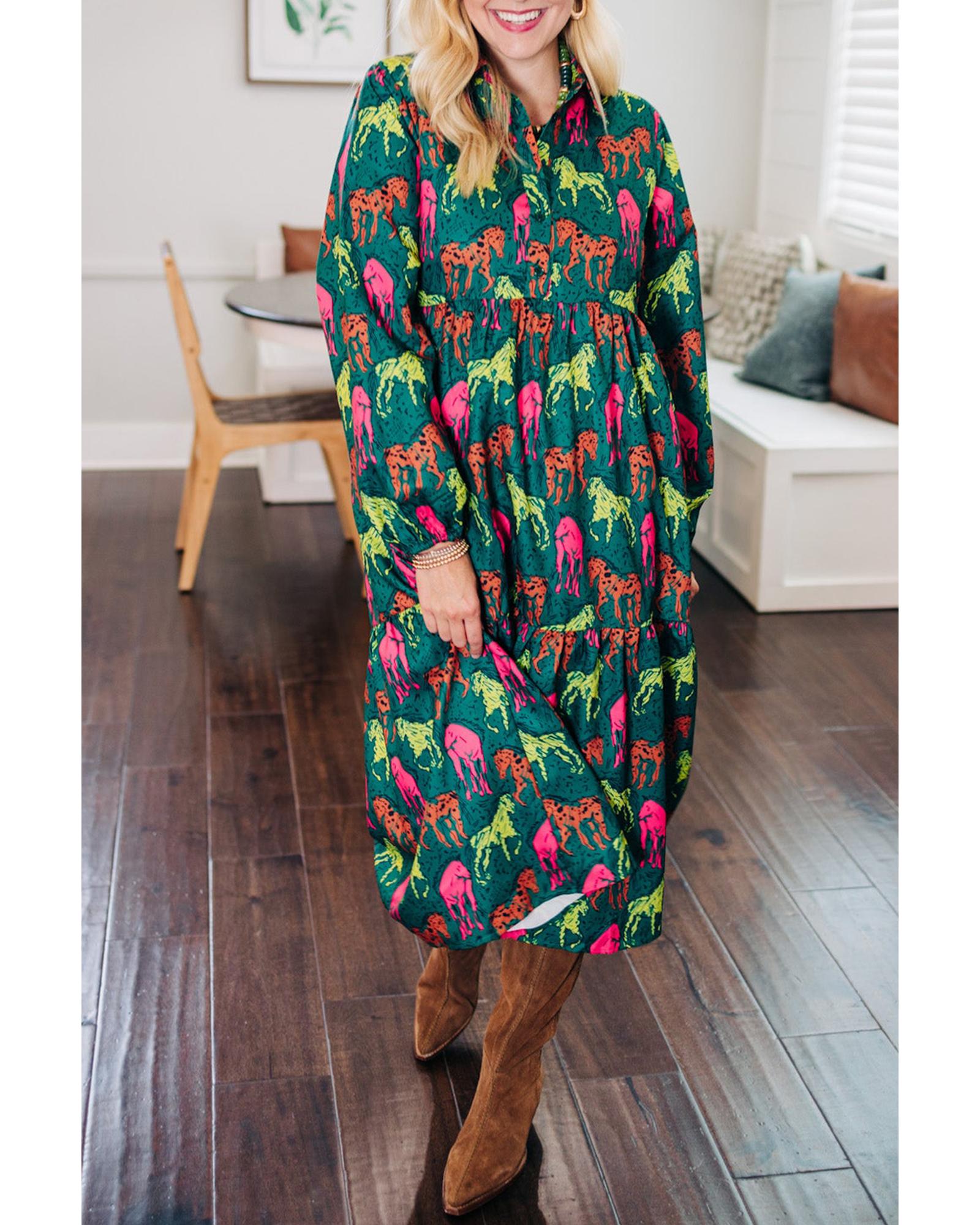 Green Horse Printed Long Sleeve Collared Buttoned Plus Size Midi Dress - 1X 5