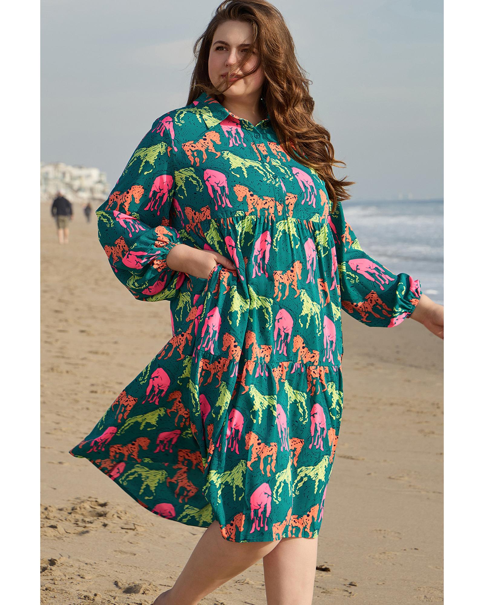 Green Horse Printed Long Sleeve Collared Buttoned Plus Size Midi Dress - 1X 6