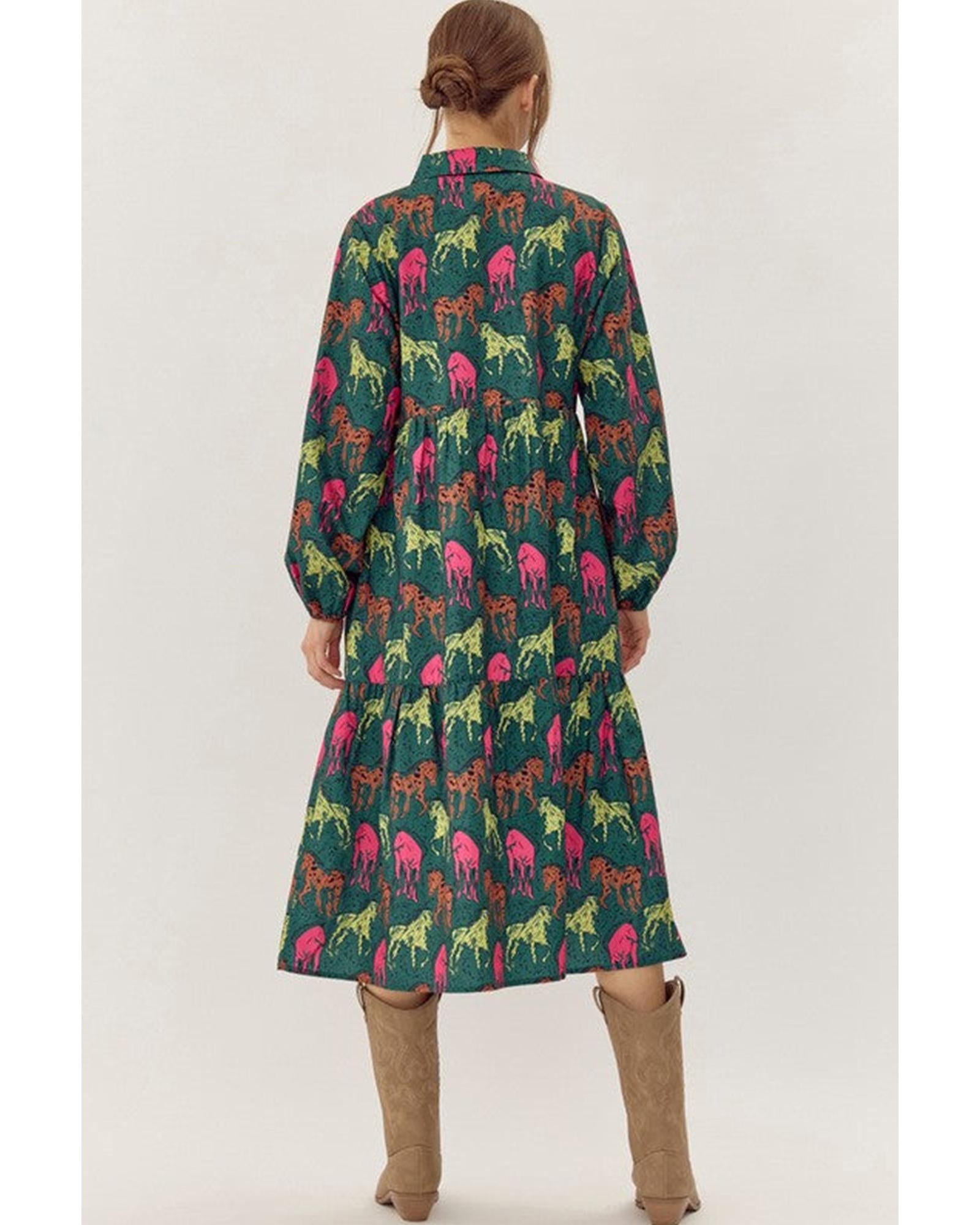 Green Horse Printed Long Sleeve Collared Buttoned Plus Size Midi Dress - 2X