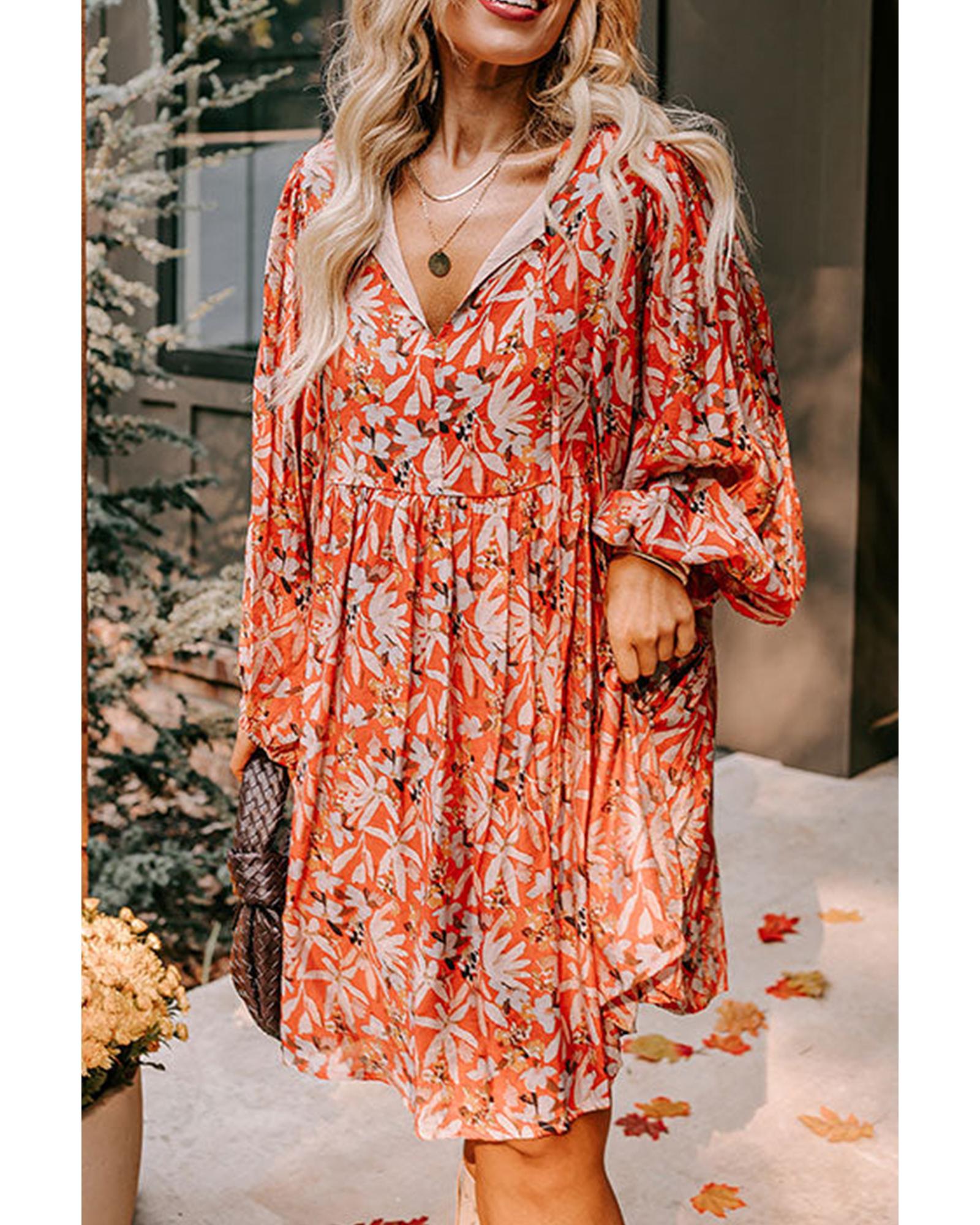 Orange Floral Print Split V Neck Bubble Sleeve Plus Size Midi Dress - 1X