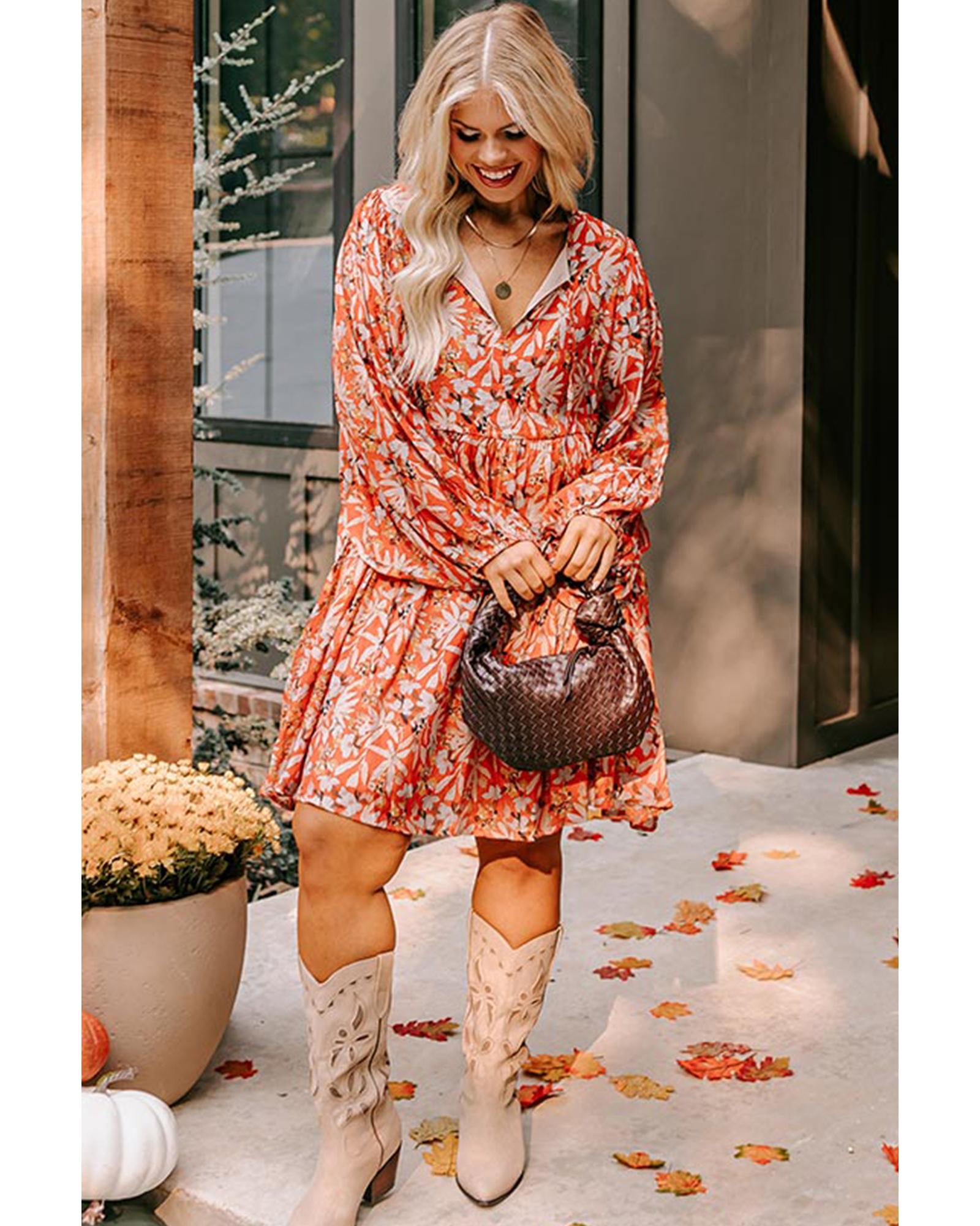 Orange Floral Print Split V Neck Bubble Sleeve Plus Size Midi Dress - 1X 8