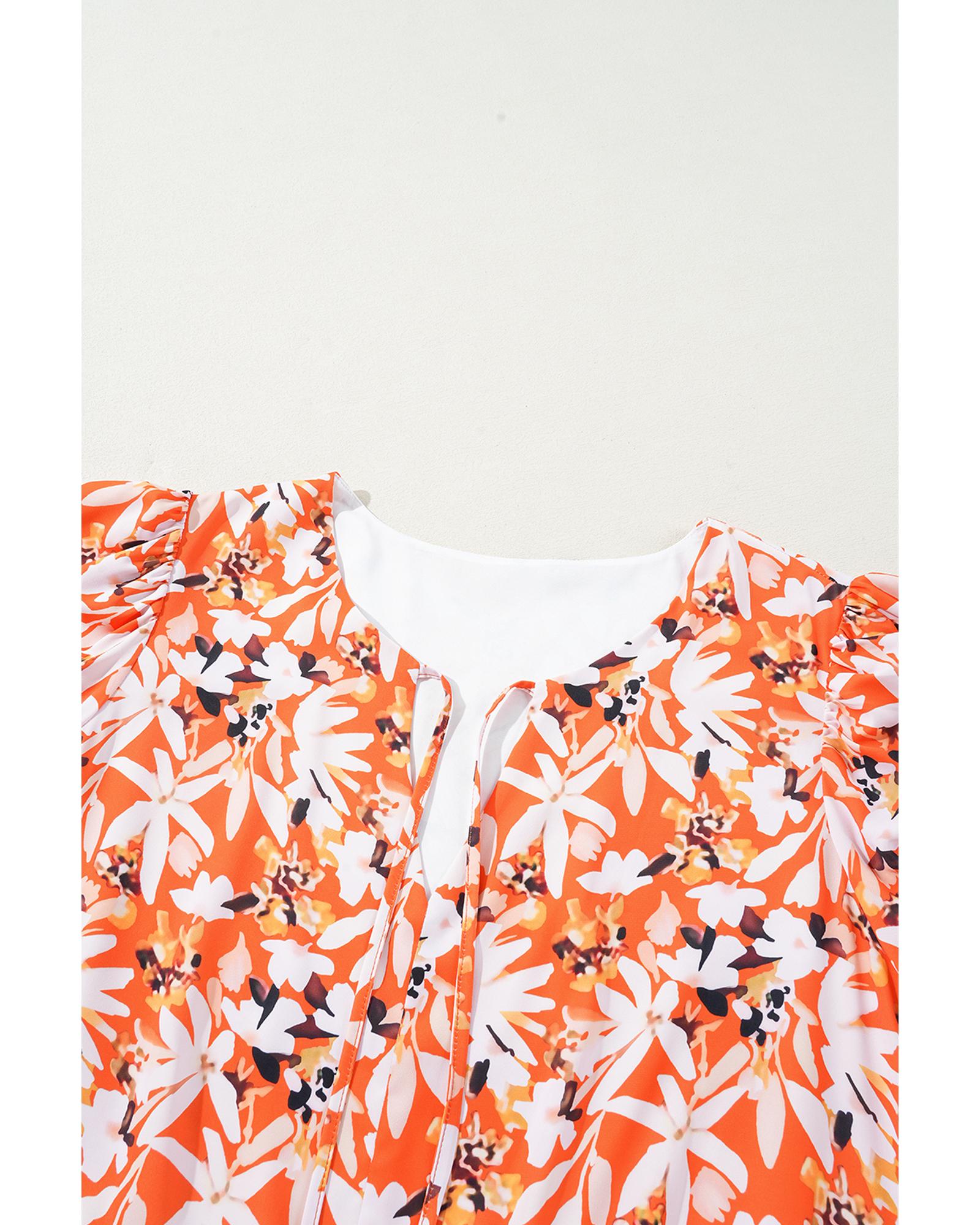 Orange Floral Print Split V Neck Bubble Sleeve Plus Size Midi Dress - 2X