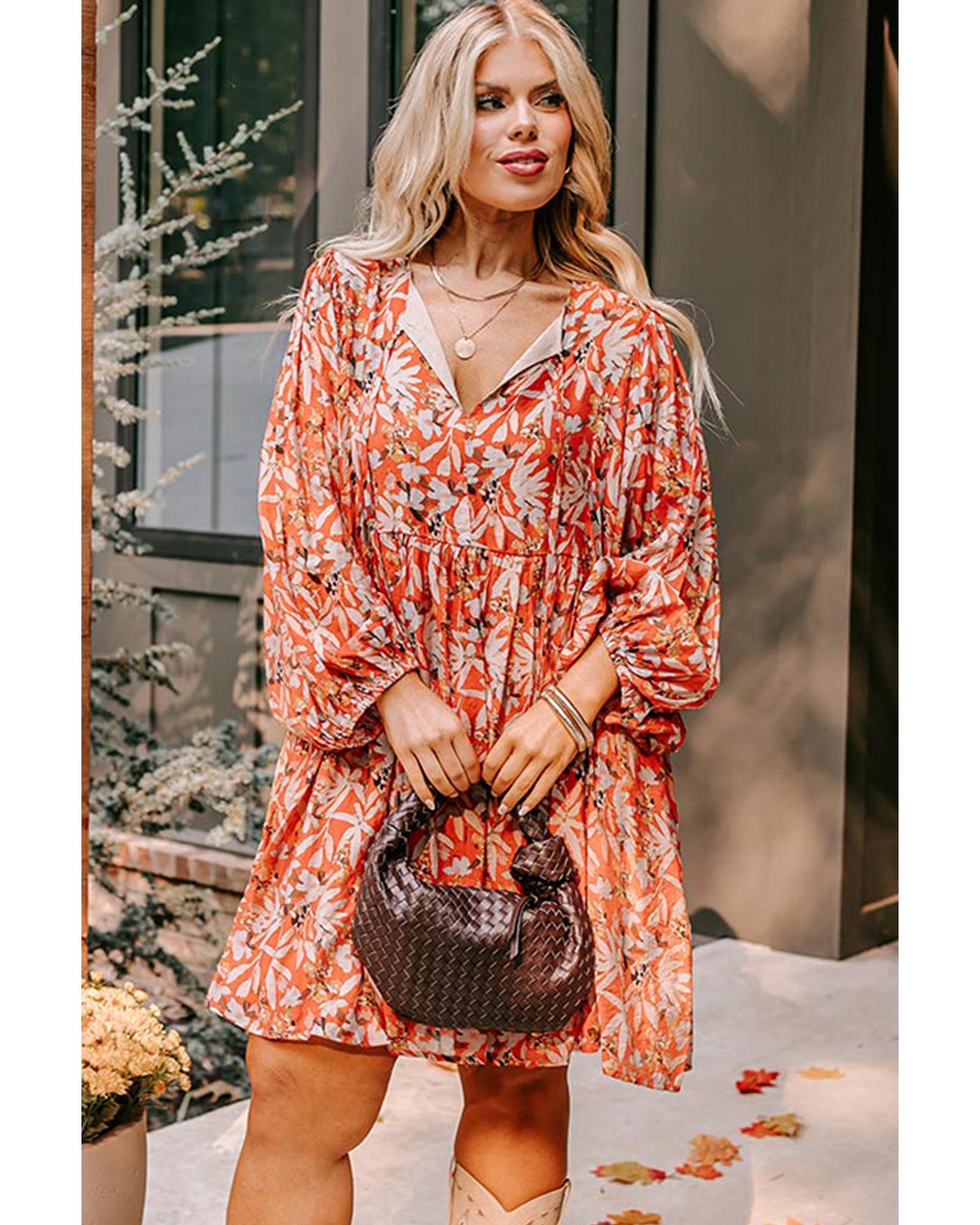 Orange Floral Print Split V Neck Bubble Sleeve Plus Size Midi Dress - 2X 5