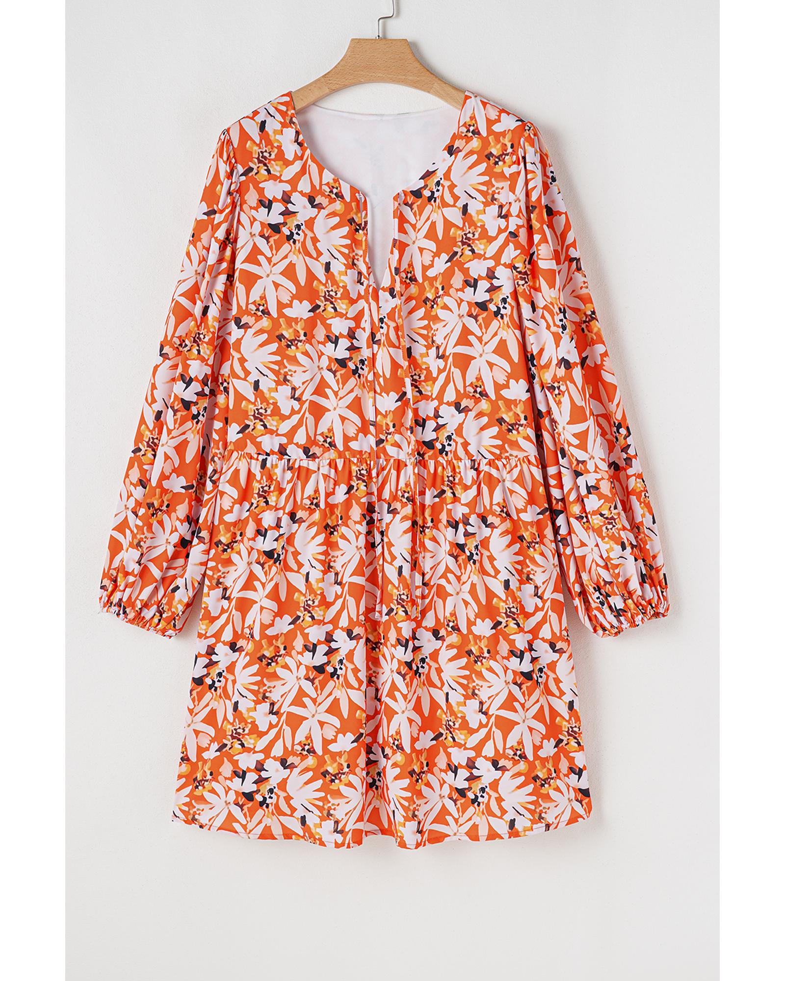 Orange Floral Print Split V Neck Bubble Sleeve Plus Size Midi Dress - 2X 6