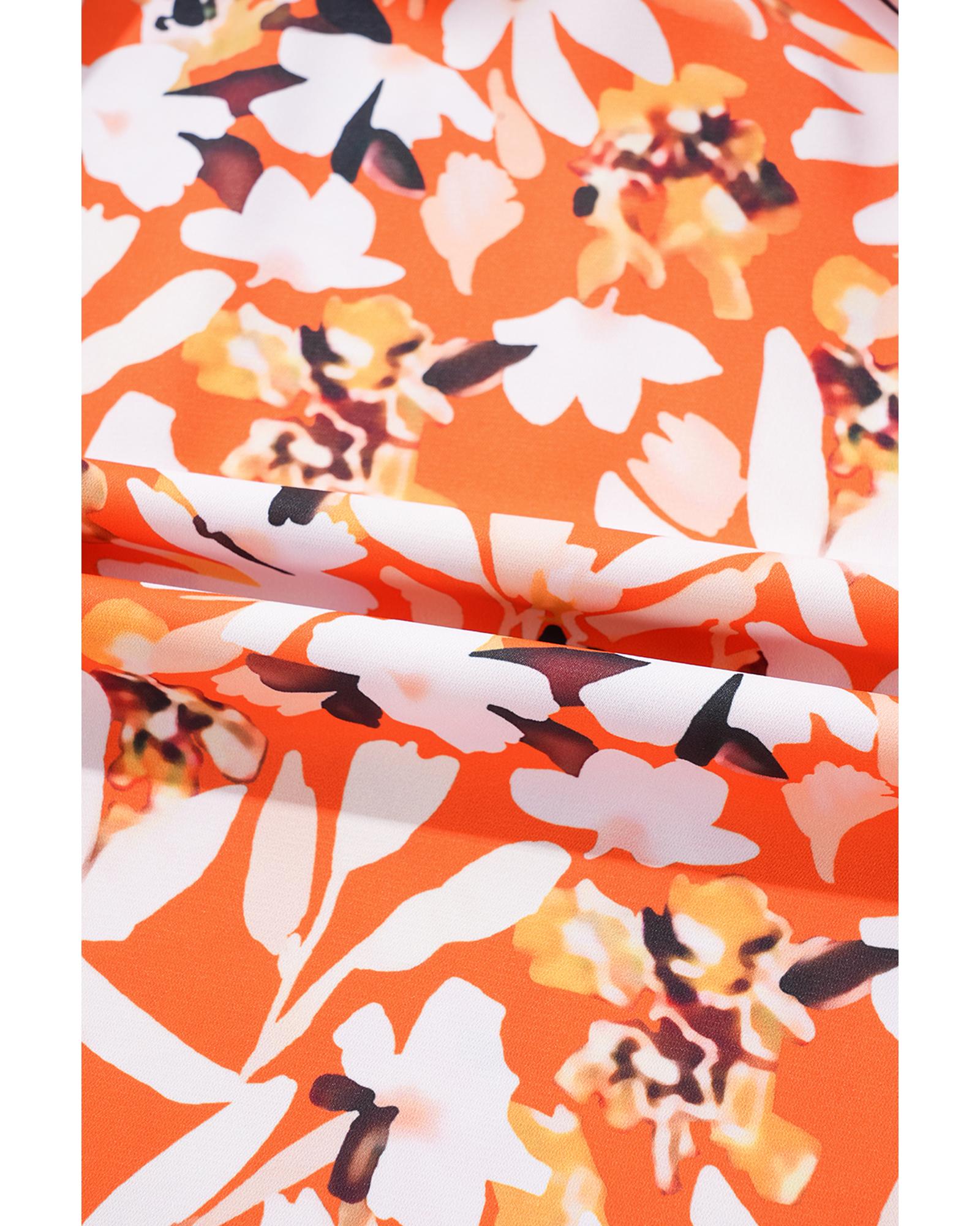 Orange Floral Print Split V Neck Bubble Sleeve Plus Size Midi Dress - 2X 7