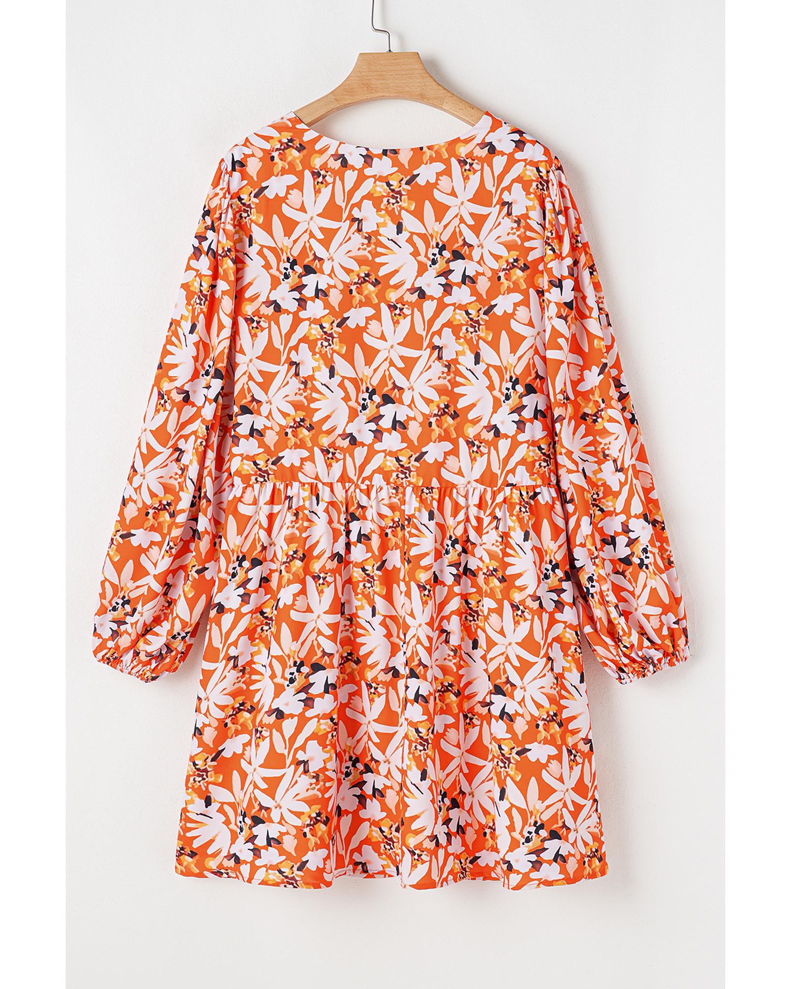 Orange Floral Print Split V Neck Bubble Sleeve Plus Size Midi Dress - 3X 3