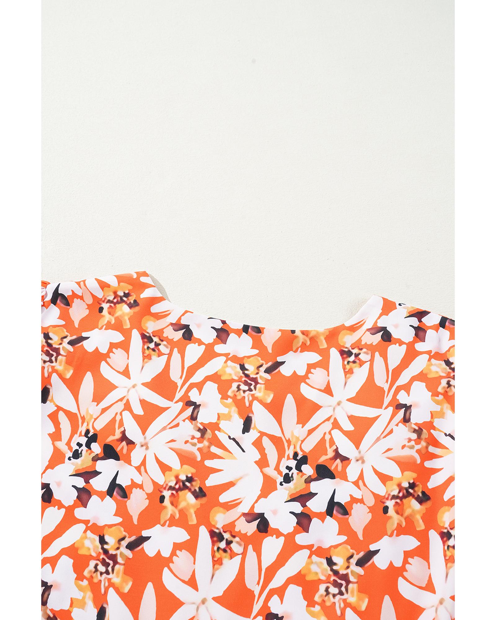 Orange Floral Print Split V Neck Bubble Sleeve Plus Size Midi Dress - 4X 4