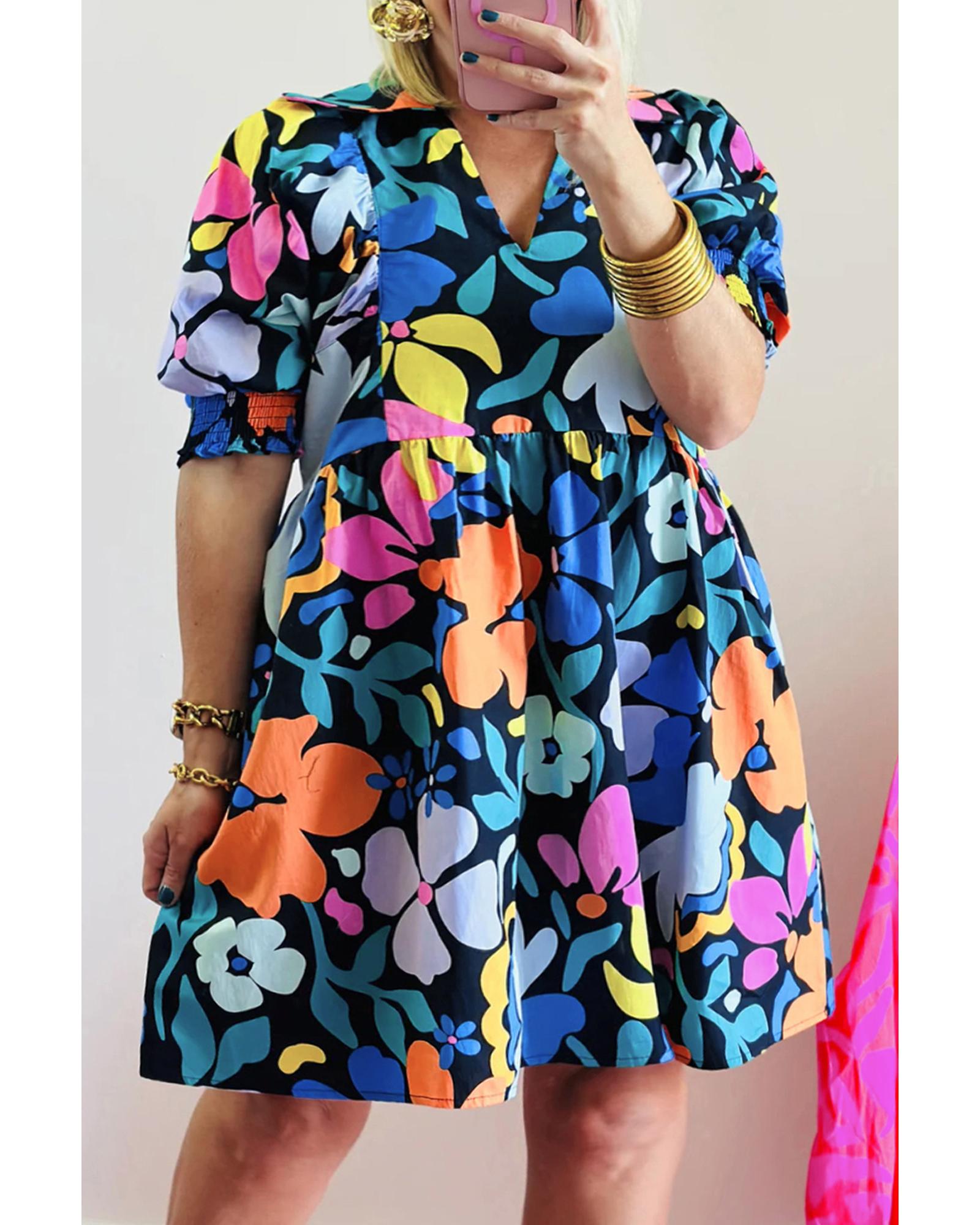 Blue Split Neck Collared Plus Floral Dress - 1X
