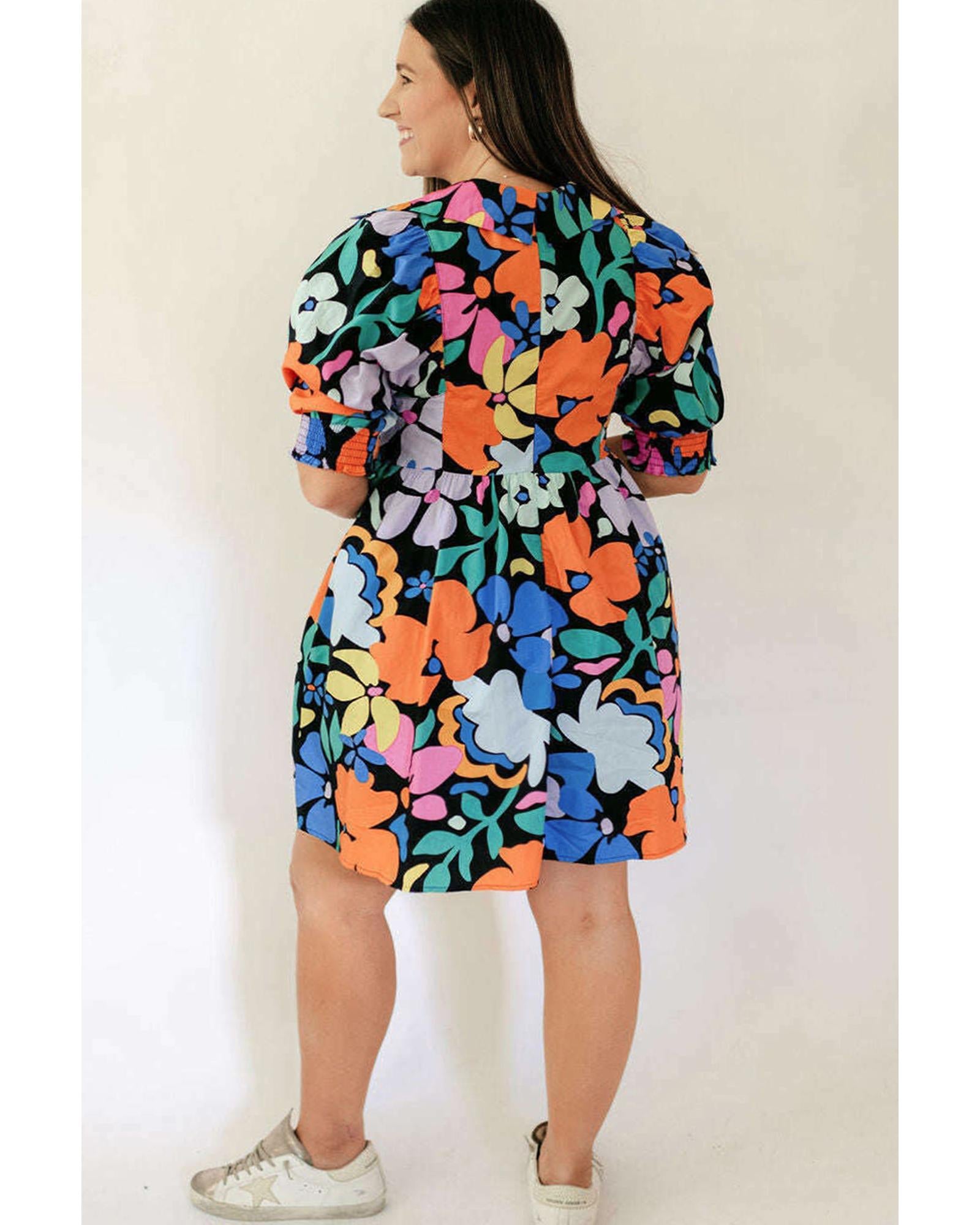 Blue Split Neck Collared Plus Floral Dress - 3X