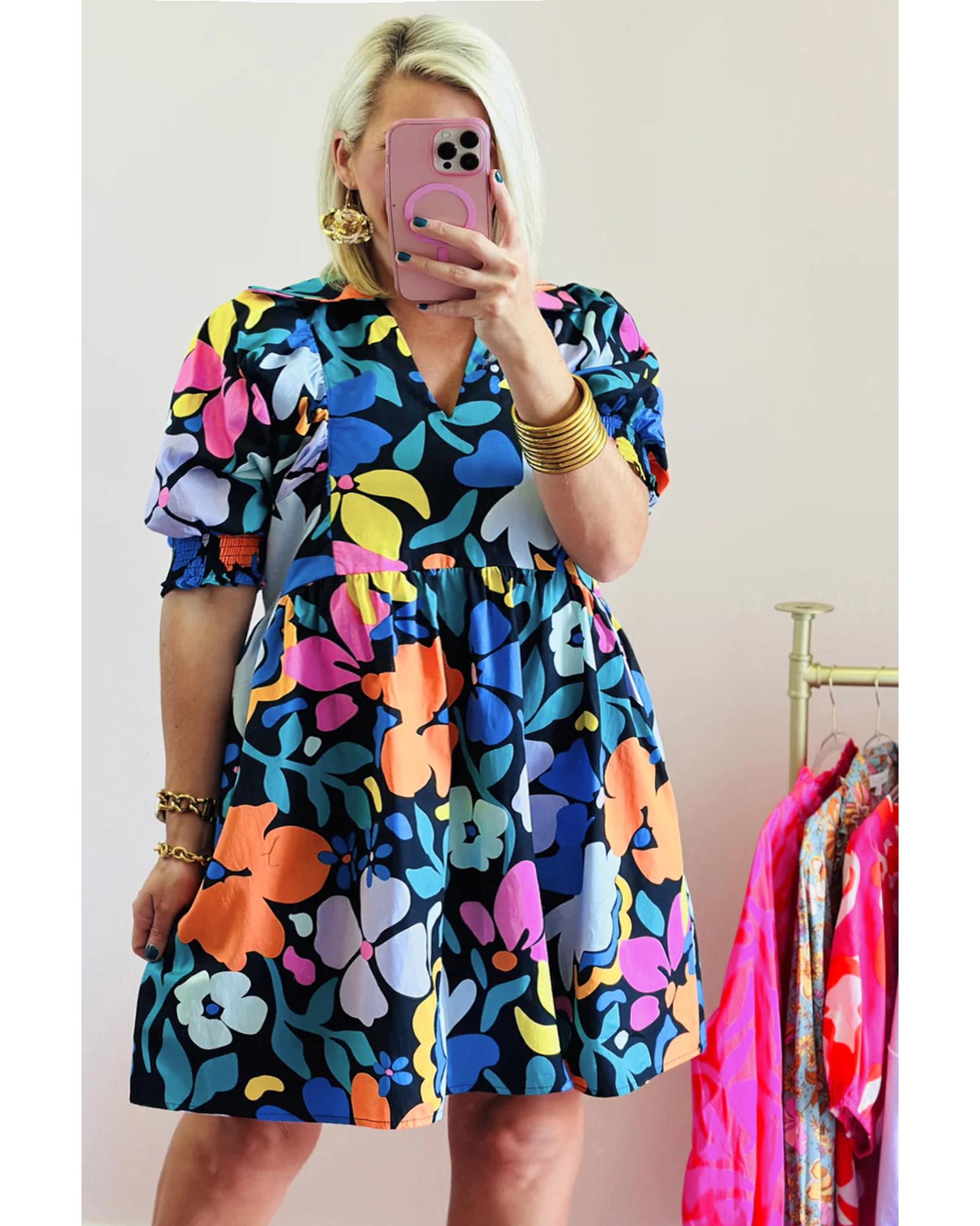 Blue Split Neck Collared Plus Floral Dress - 3X 7