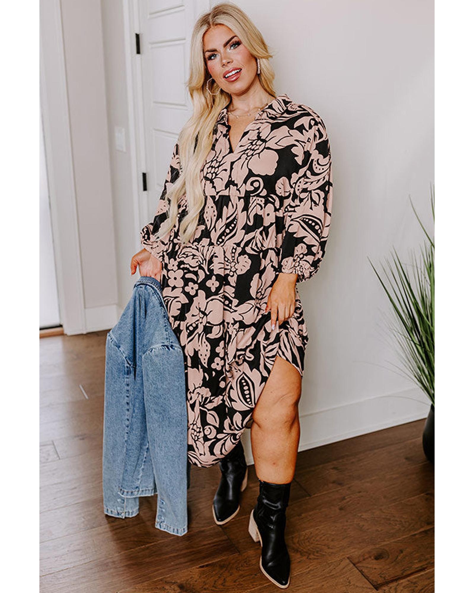 Black Plus Size Floral Printed Puff Sleeve Collared Maxi Dress - 4X 3