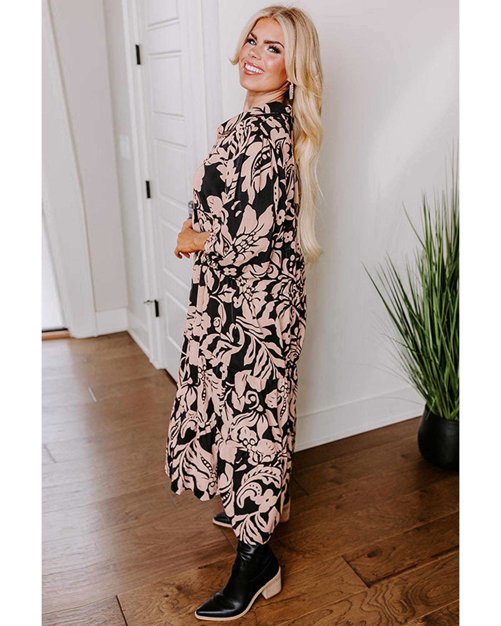 Black Plus Size Floral Printed Puff Sleeve Collared Maxi Dress - 4X 5