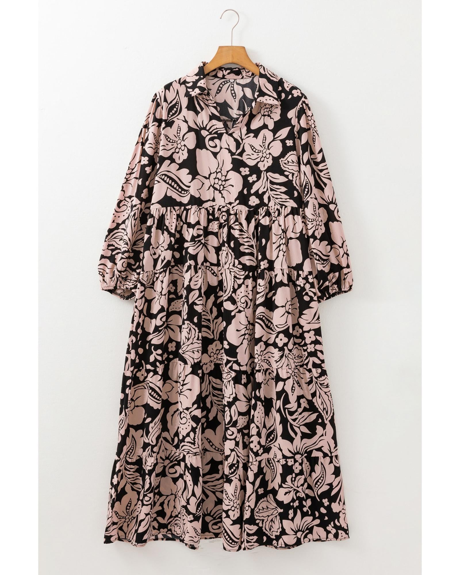 Black Plus Size Floral Printed Puff Sleeve Collared Maxi Dress - 4X 7