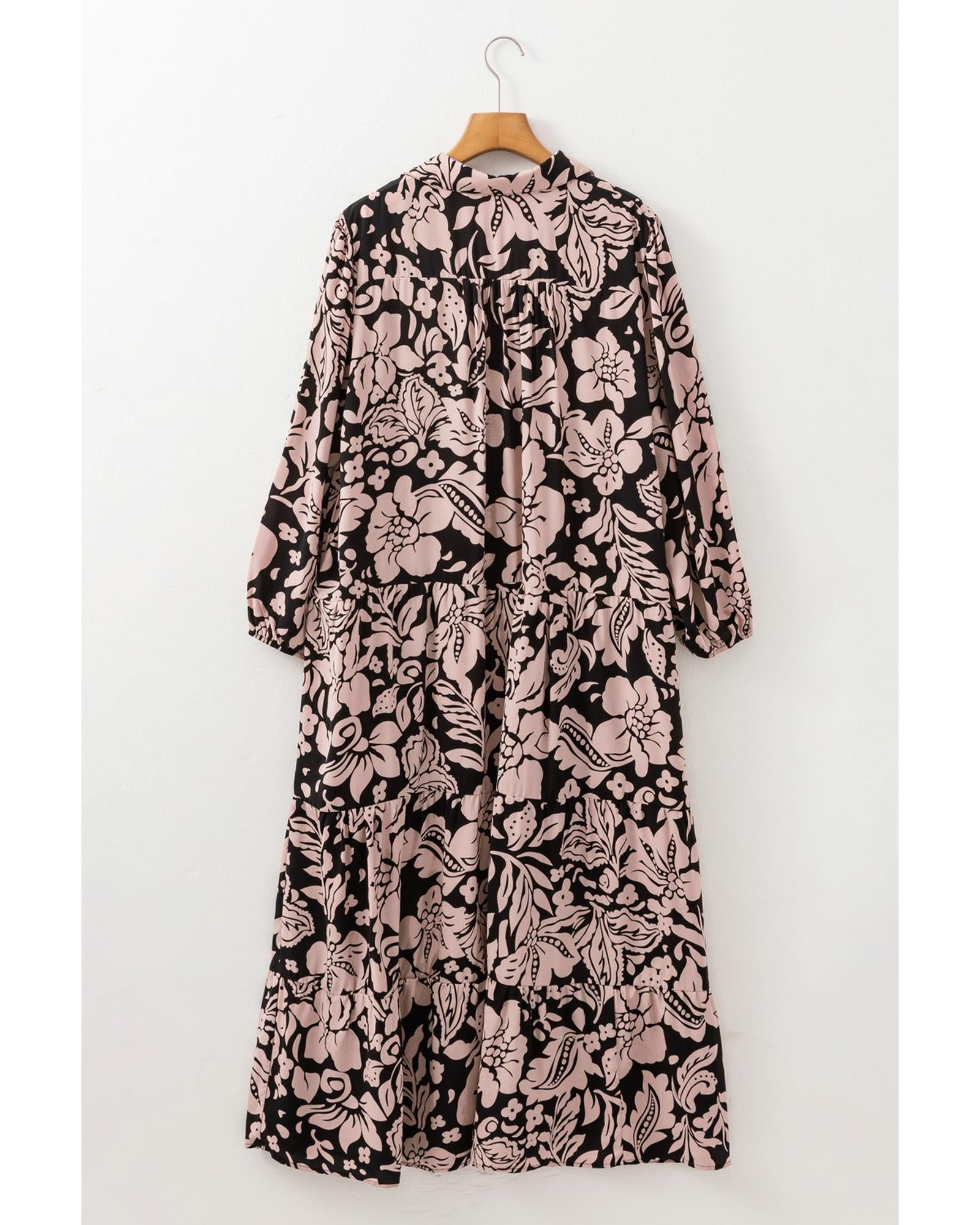 Black Plus Size Floral Printed Puff Sleeve Collared Maxi Dress - 4X 8