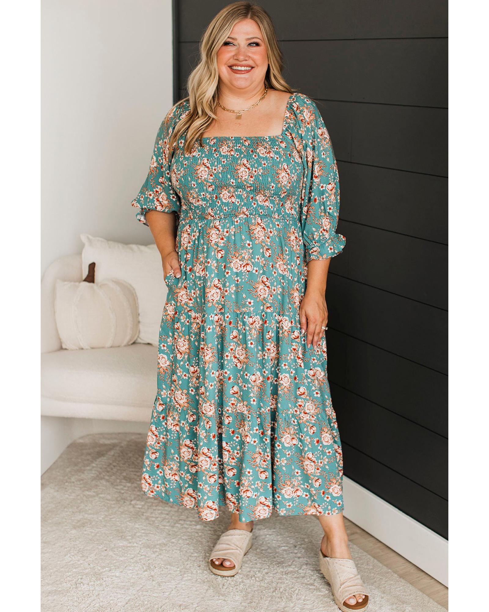 Green Plus Size Floral Print Square Neck Smocked Maxi Dress - 1X