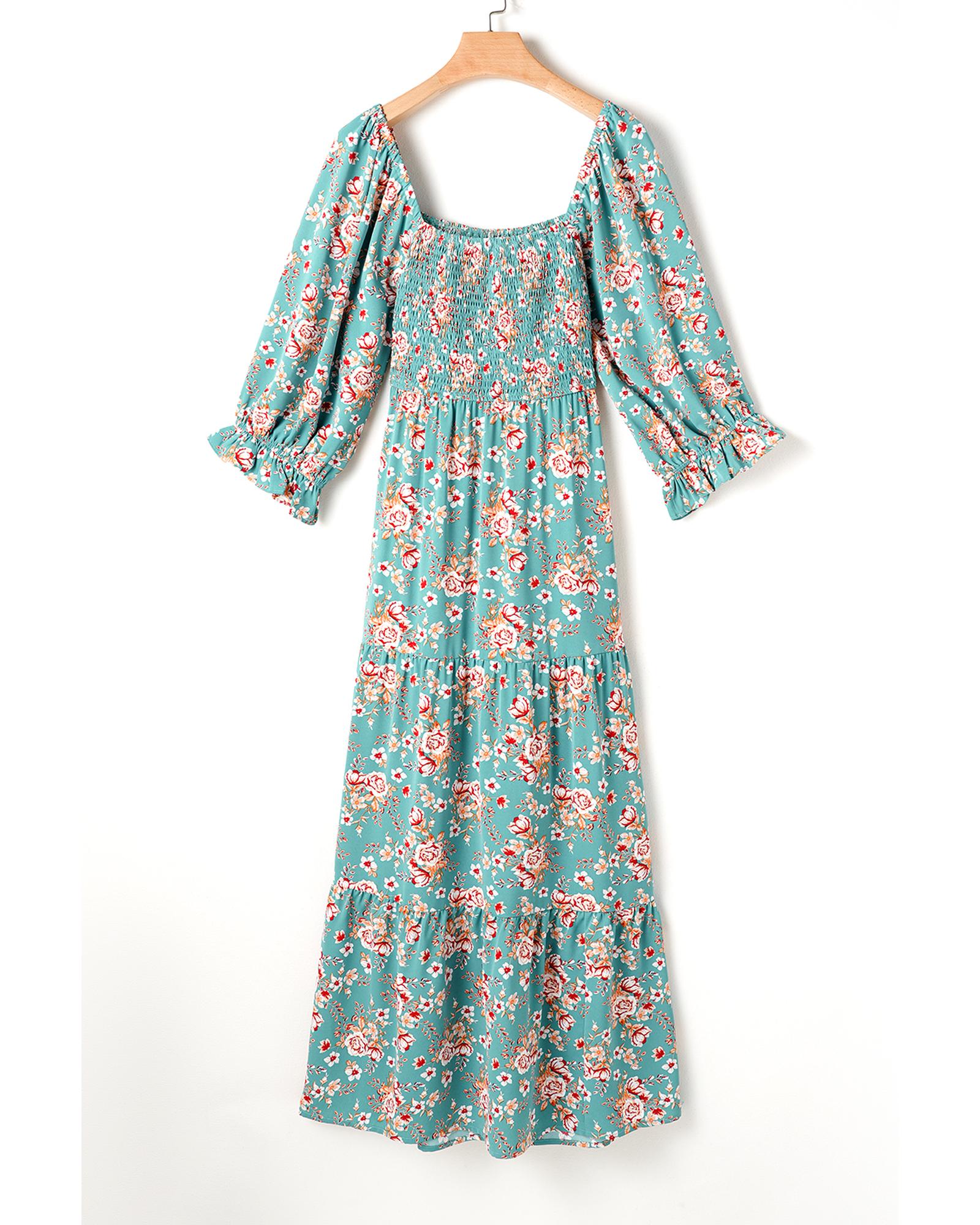 Green Plus Size Floral Print Square Neck Smocked Maxi Dress - 3X 3
