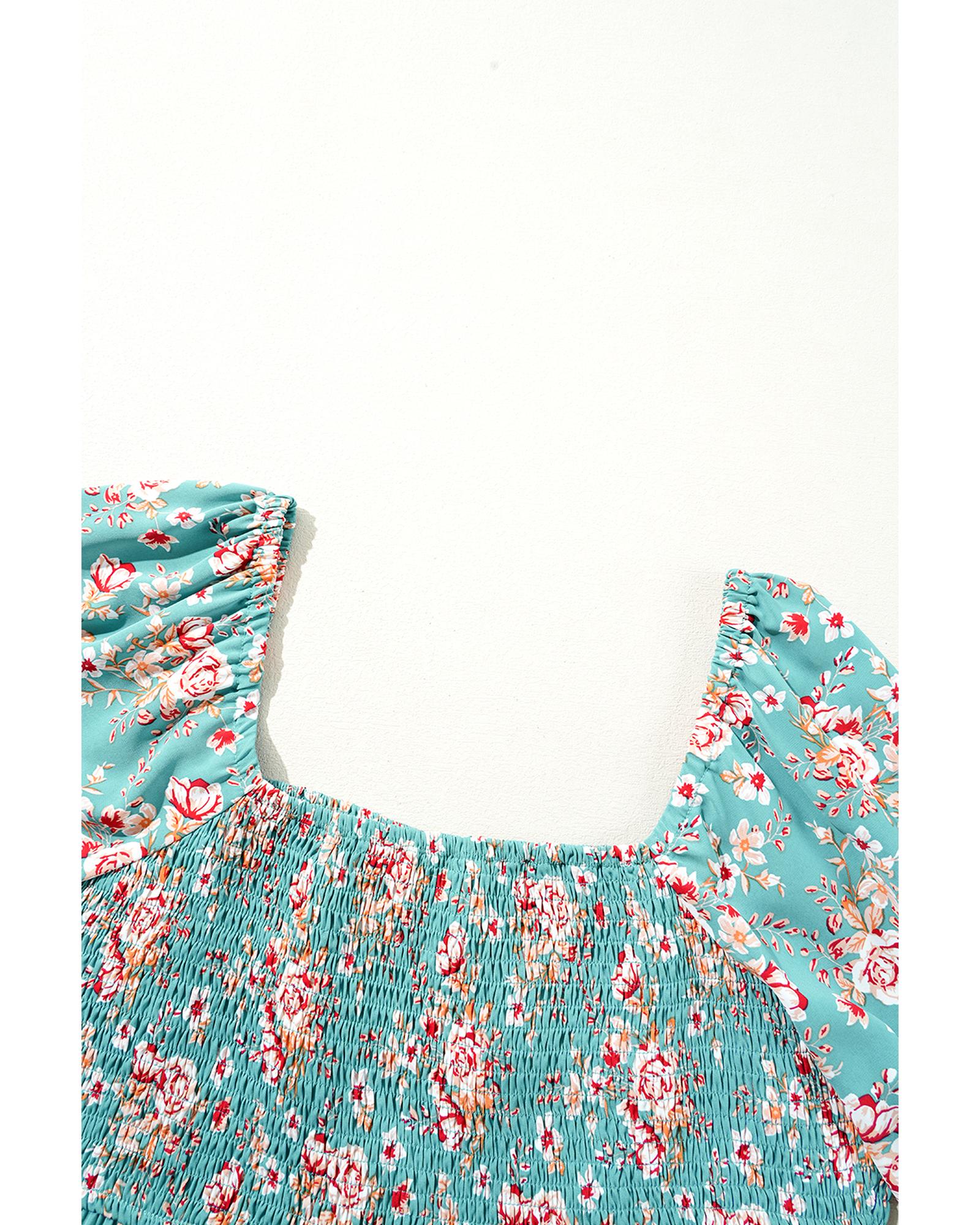 Green Plus Size Floral Print Square Neck Smocked Maxi Dress - 3X 4