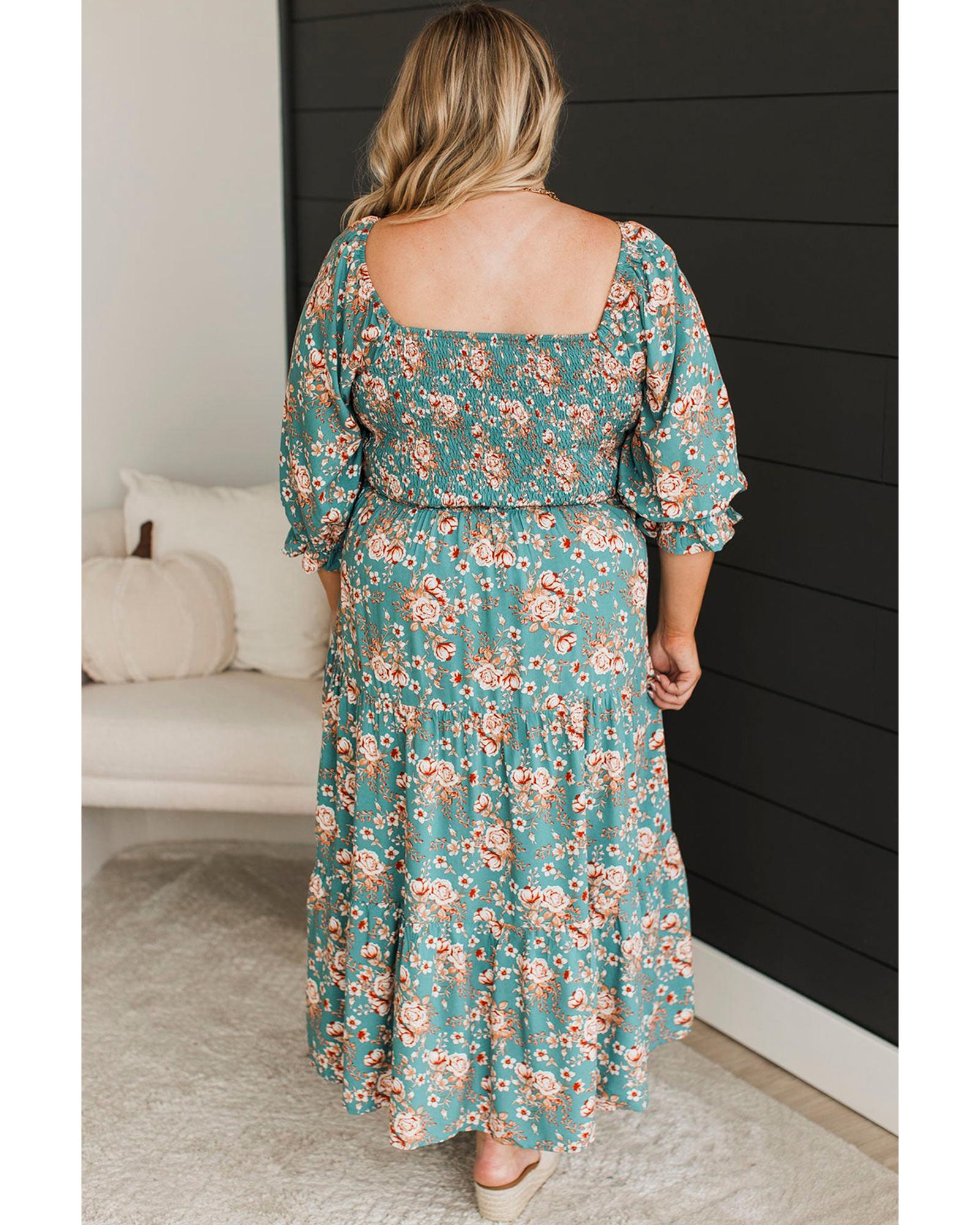 Green Plus Size Floral Print Square Neck Smocked Maxi Dress - 3X 6