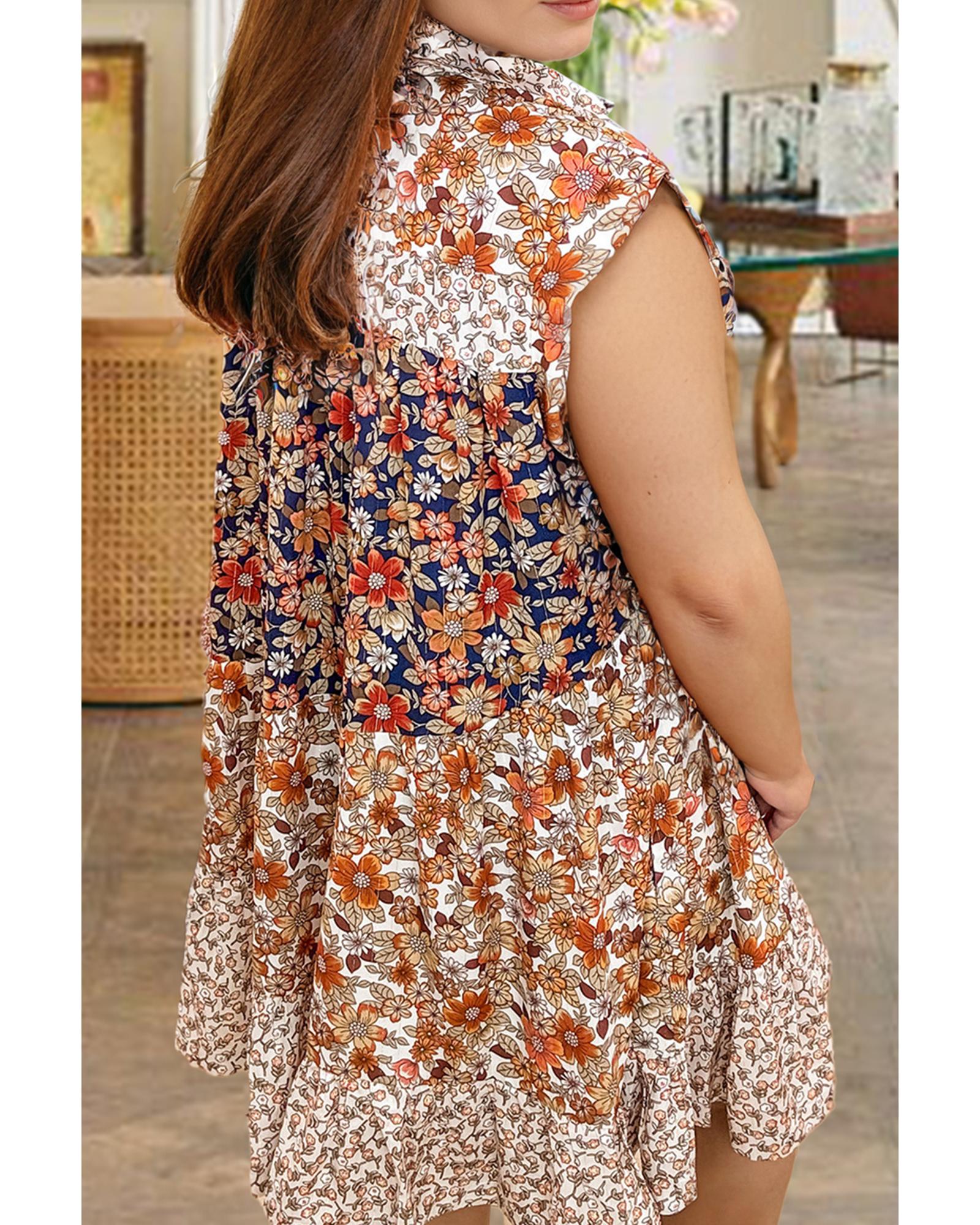 Beige Plus Size Floral Patchwork Button Front Collared Mini Dress - 1X