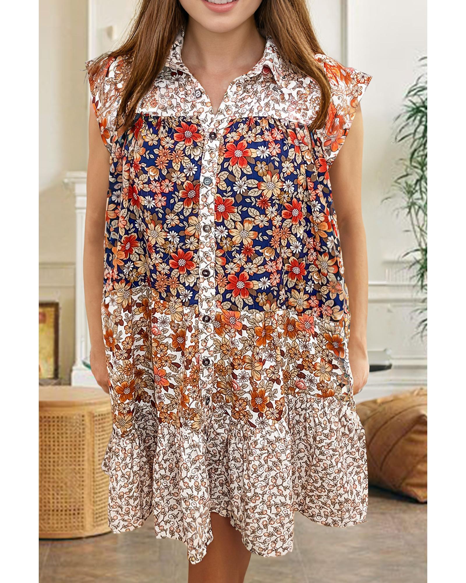 Beige Plus Size Floral Patchwork Button Front Collared Mini Dress - 4X