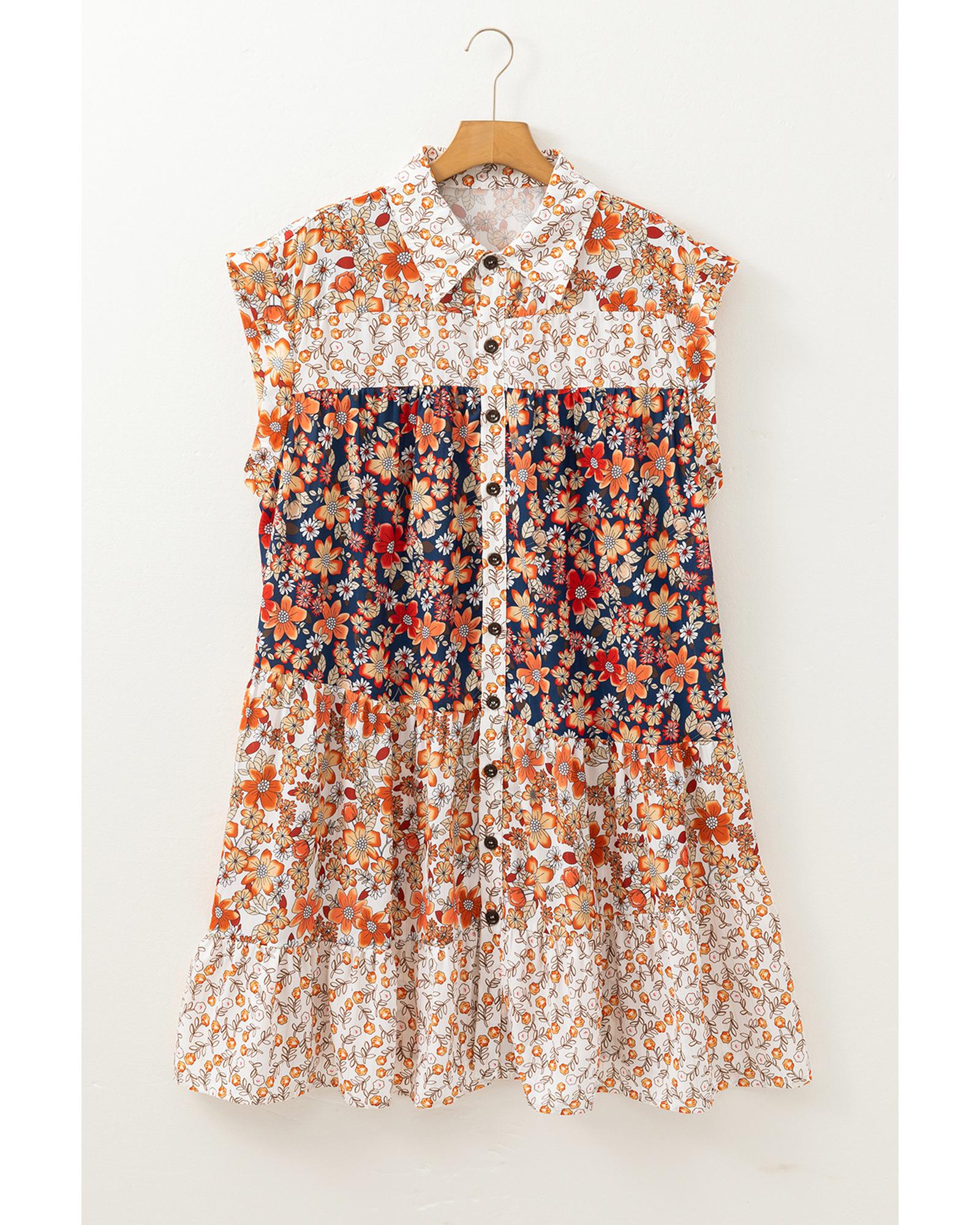 Beige Plus Size Floral Patchwork Button Front Collared Mini Dress - 4X 3