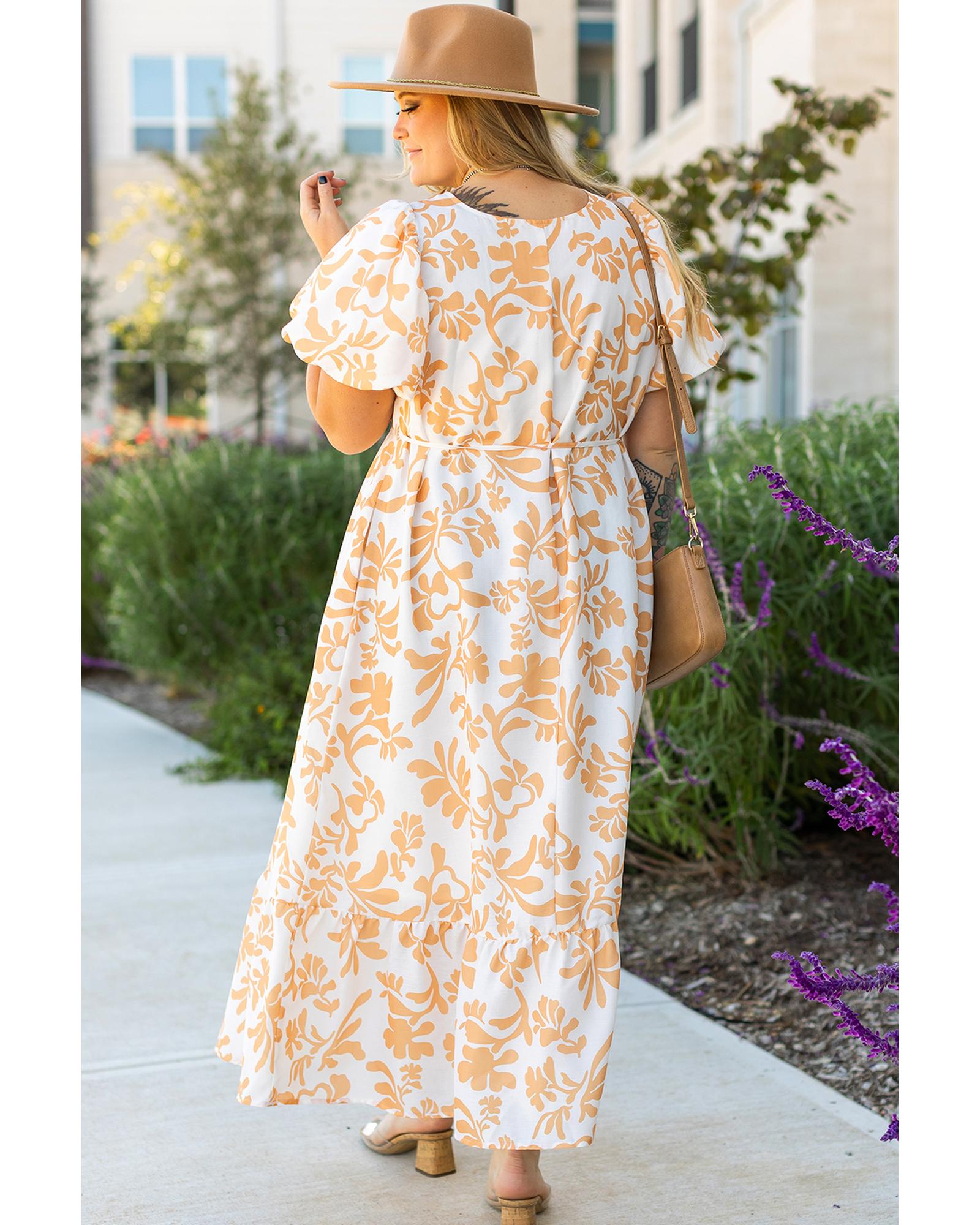 Apricot Floral Print Puff Short Sleeve Resort Plus Size Maxi Dress - 1X 4