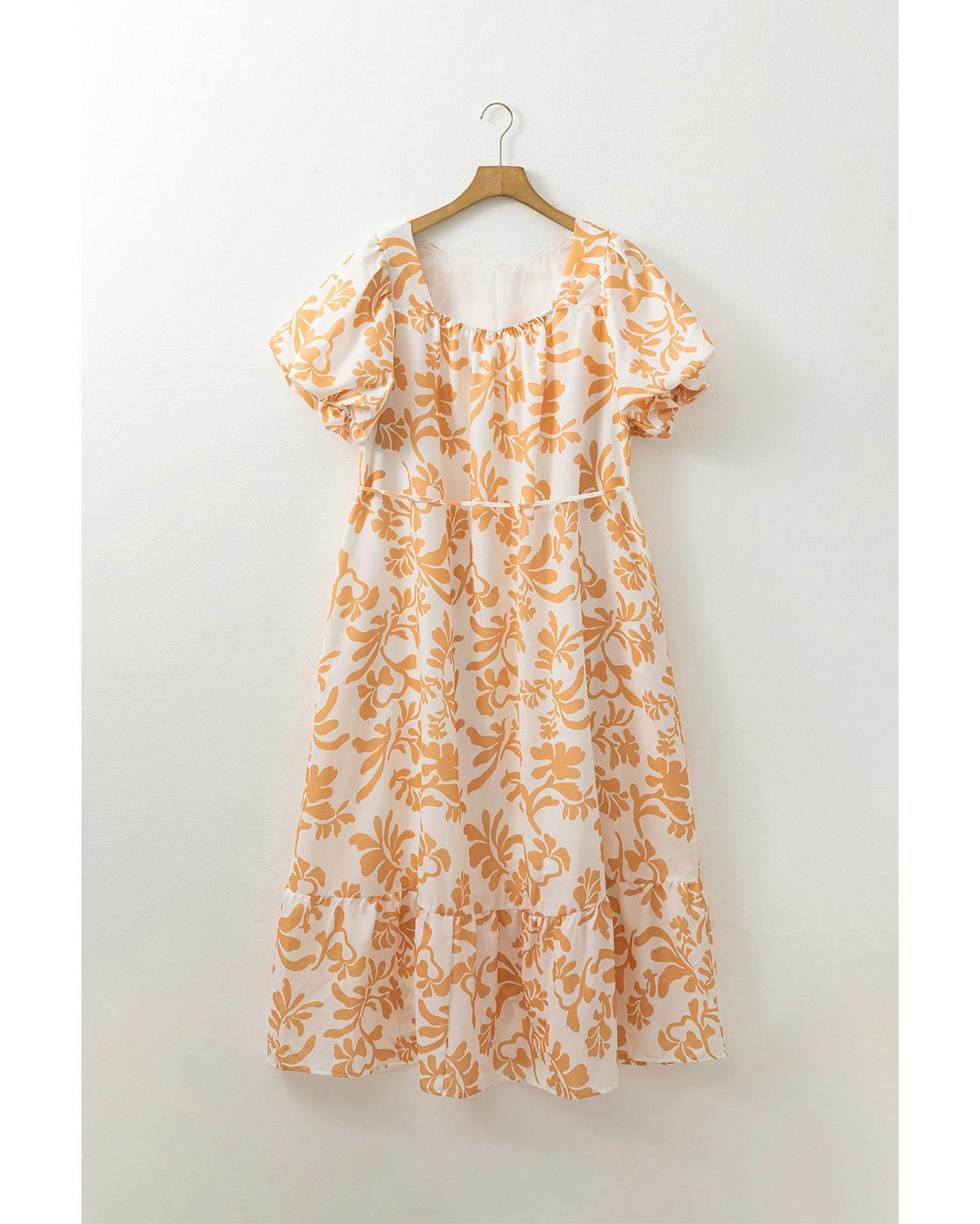 Apricot Floral Print Puff Short Sleeve Resort Plus Size Maxi Dress - 2X 7