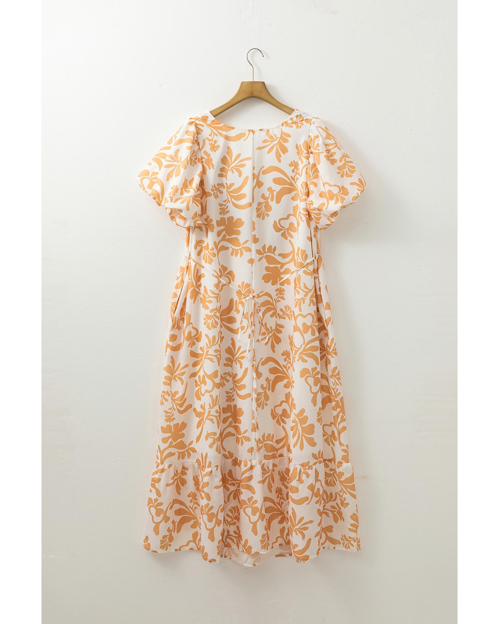 Apricot Floral Print Puff Short Sleeve Resort Plus Size Maxi Dress - 4X 5