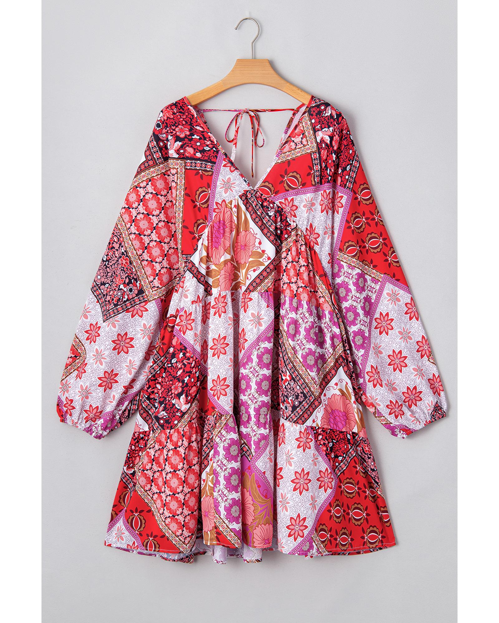 Rose Mixed Floral Long Sleeve V Neck Lace-up Hollowed Back Plus Size Dress - 1X 5