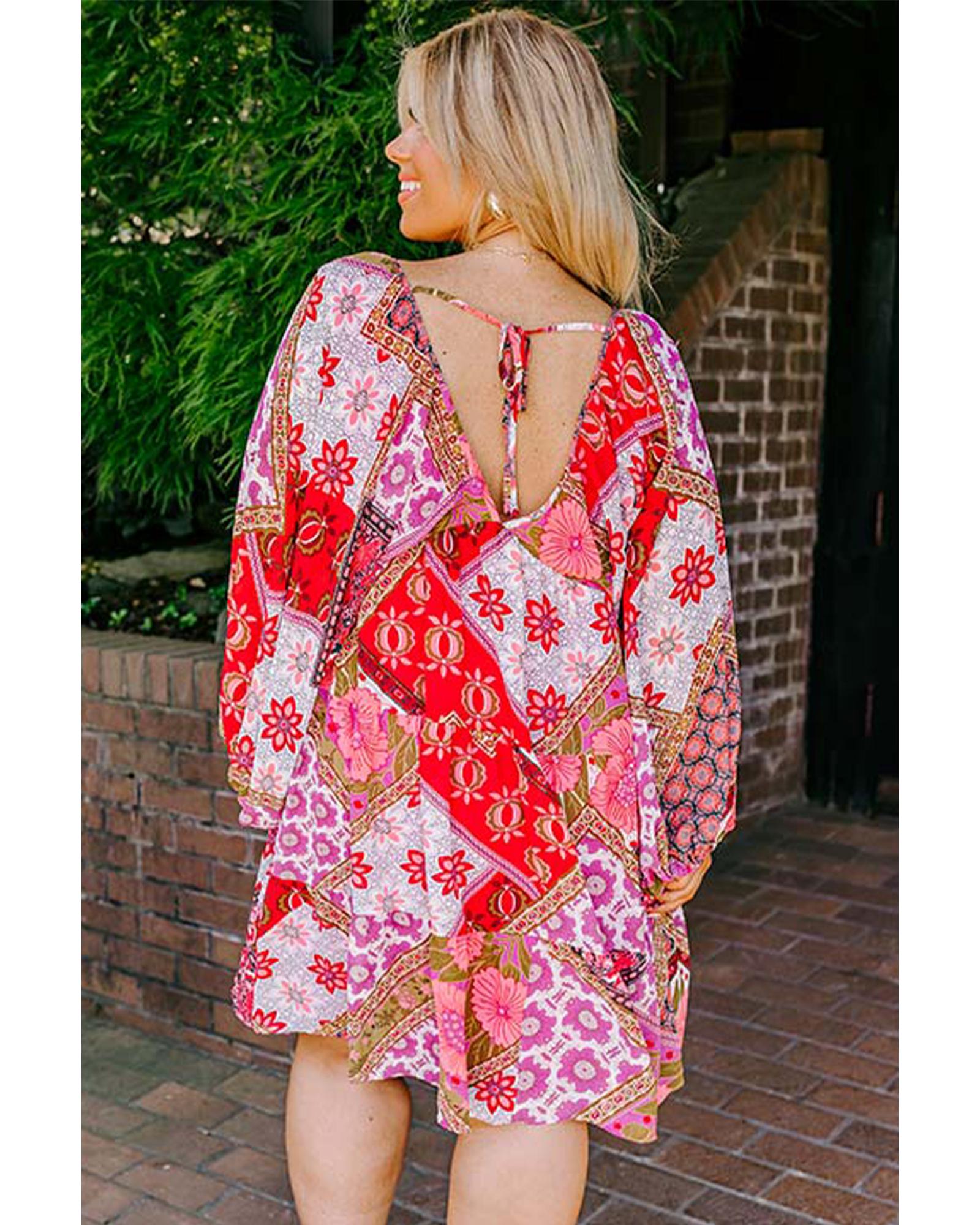Rose Mixed Floral Long Sleeve V Neck Lace-up Hollowed Back Plus Size Dress - 2X 4