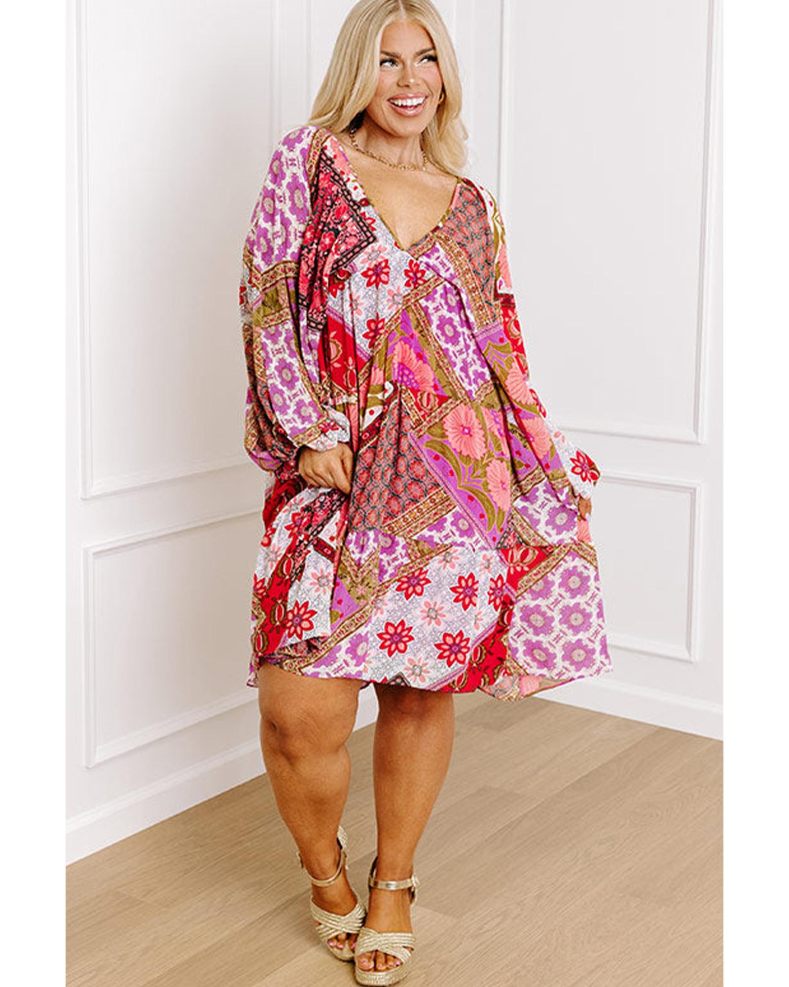 Rose Mixed Floral Long Sleeve V Neck Lace-up Hollowed Back Plus Size Dress - 2X 8