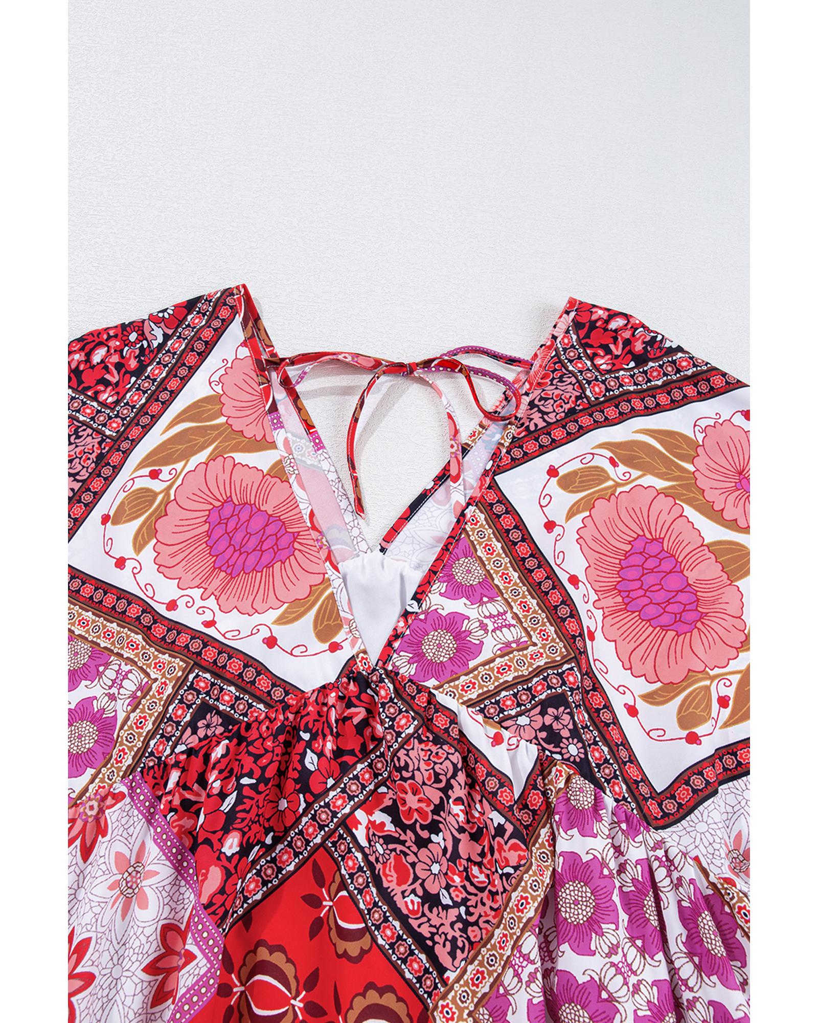 Rose Mixed Floral Long Sleeve V Neck Lace-up Hollowed Back Plus Size Dress - 3X 6