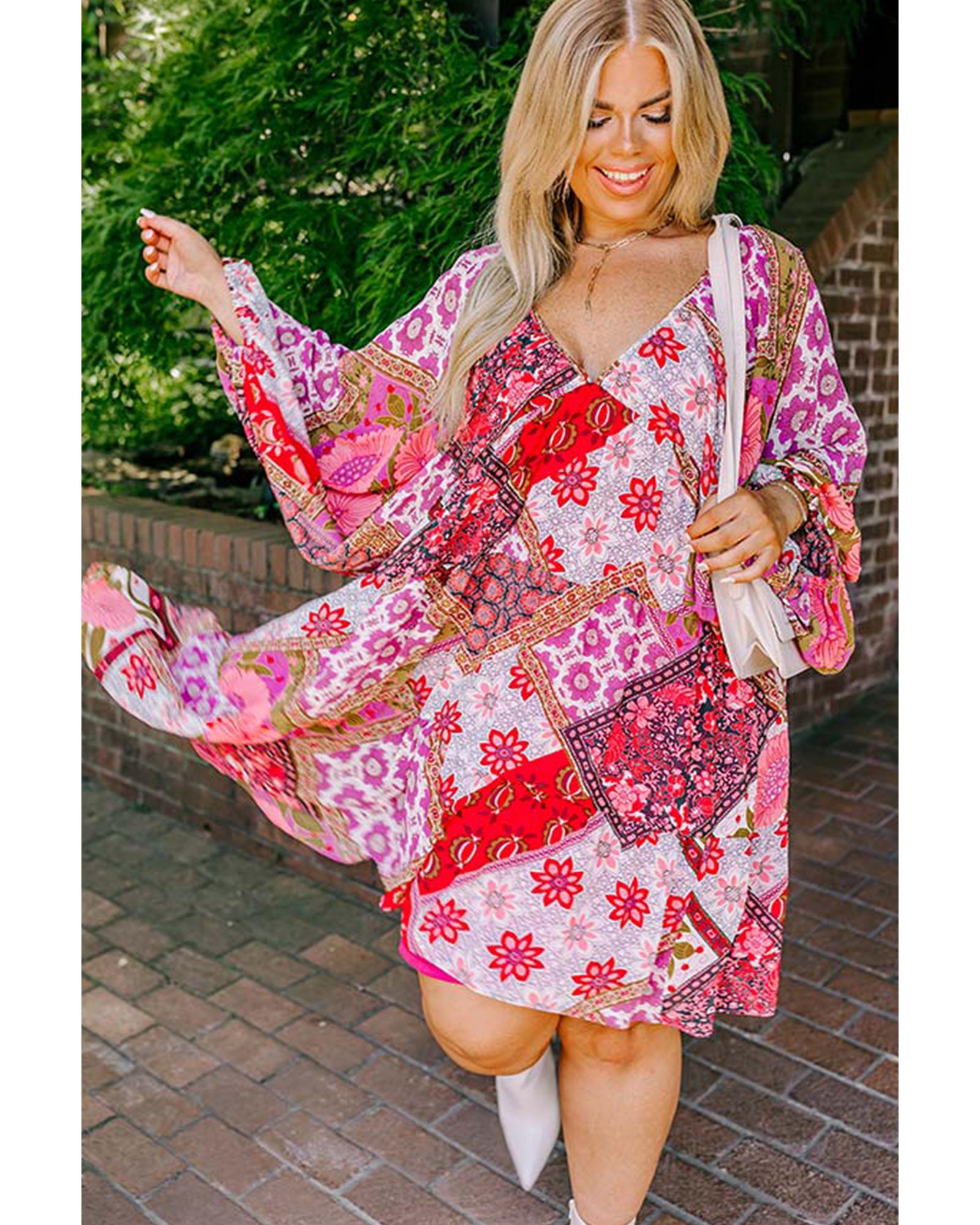 Rose Mixed Floral Long Sleeve V Neck Lace-up Hollowed Back Plus Size Dress - 4X